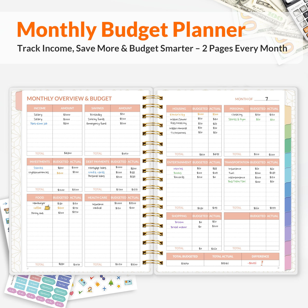 SUNEE Budget Planner - Deluxe Monthly Budget Book with 12-Pockets for Bill Organizer, Undated 12 Month Expense Tracker Notebook & Account Book B5 Size (8" x 10") to Manage Your Finance Planner, Black