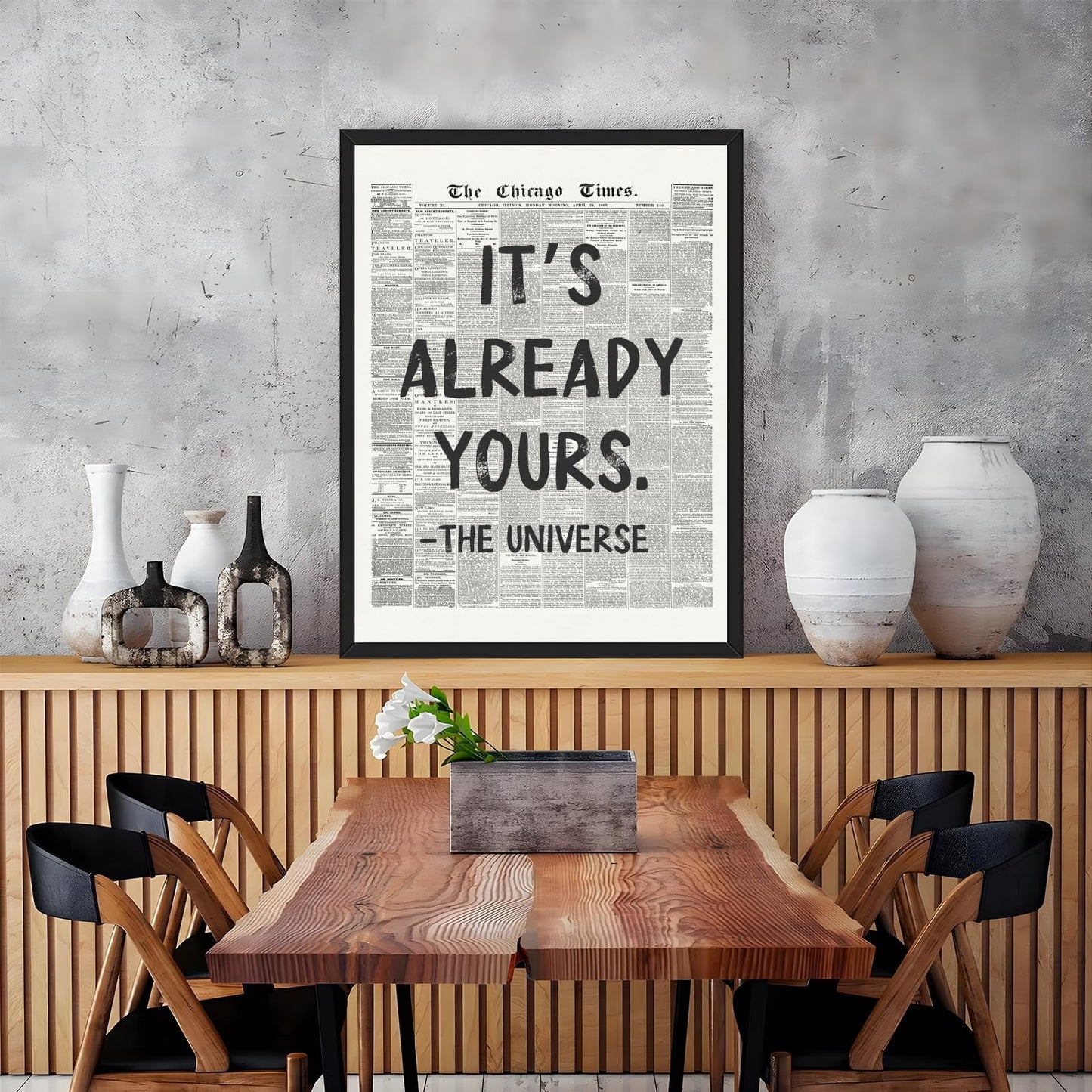 Licpach Retro Black and White Newspaper Wall Art It’s Already Yours – The Universe Positive Quote Poster Inspirational Canvas Print Motivational Wall Decor for Office Bedroom 8x12inch Black Frame