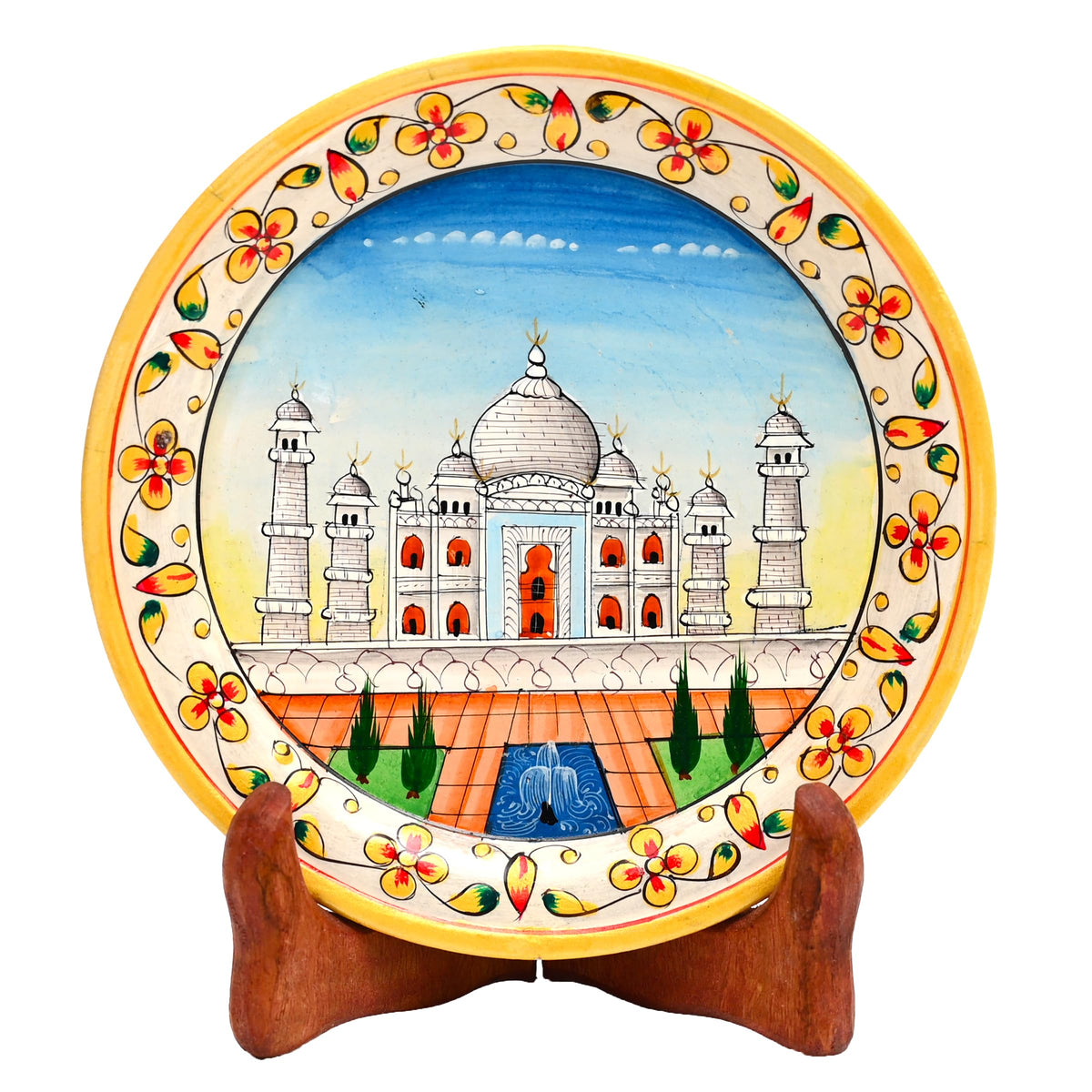 Tarini Gallery Marble Decorative Plate Traditional Indian Handpainted Round Shape Showpiece Pottery Plate with Stand for Decoration Home Office Décor and Gifting (Taj Mahal)