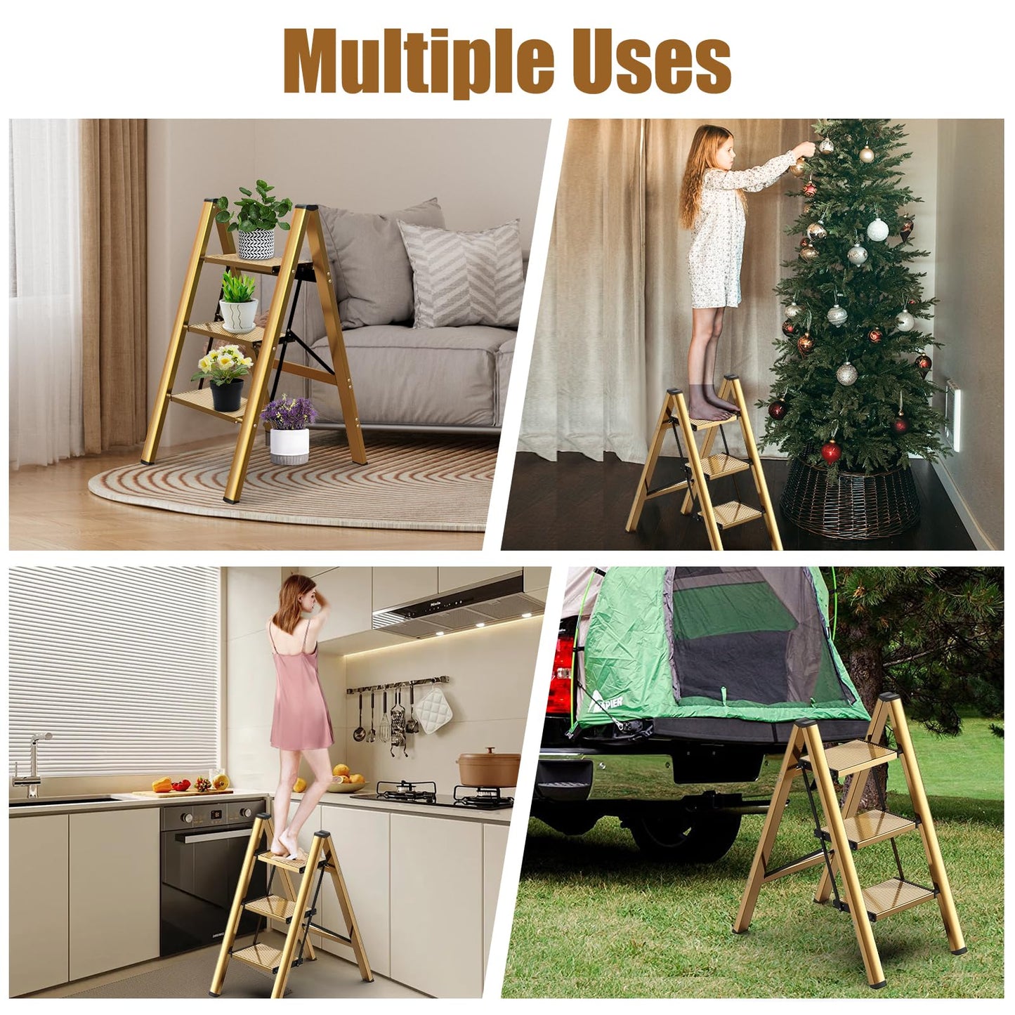 hismocal Foldable 3 Step Stool for Closet/Kitchen-Aluminium Gold Step Ladder Stools, Folding 330lbs Lightweight Ladders with Anti-Slip Wide Pedal, Portable Kids/Adults