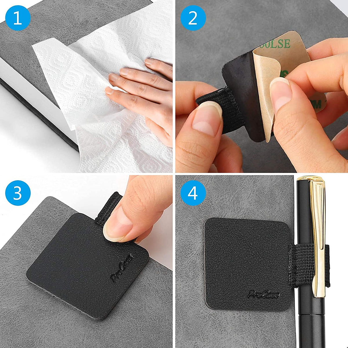 ProCase (5 Pack) Pen Loop Holder for Notebooks Journals Planners Tablet Case, Self Adhesive Leather Pencil Holder with Elastic Loop for Pens, Apple Pencil, Stylus Pen -Black
