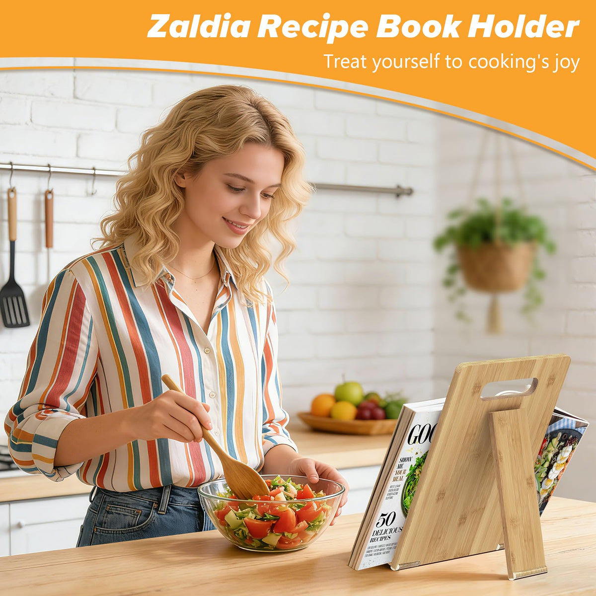 Zaldia Cookbook Stand-Wooden Recipe Book Holder, Adjustable Cooking Book Stand for Kitchen Counter, Recipe Card Holder Shelf with Measurement Conversion Chart, Nice Gift for Cooking Lover,Wood
