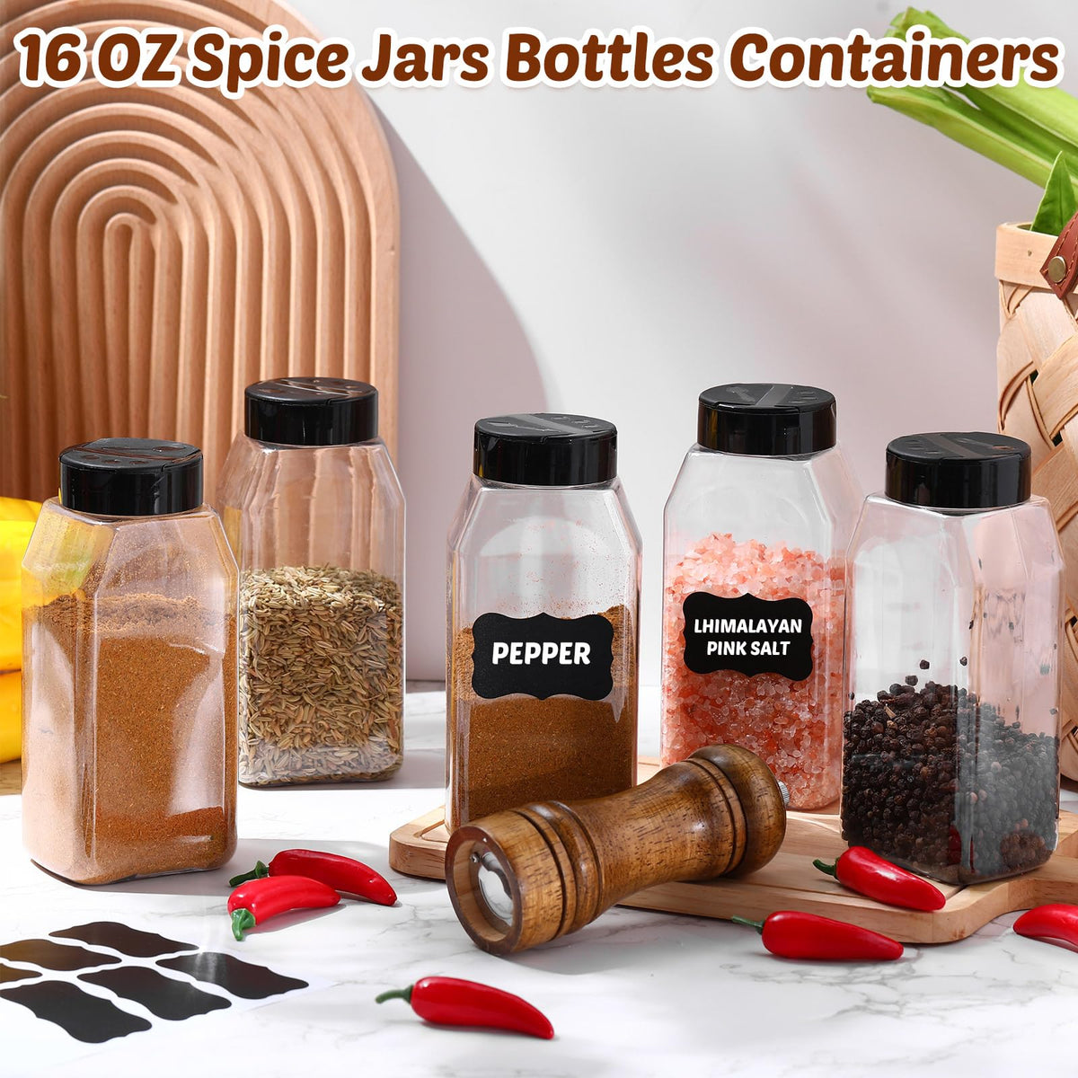 Mifoci 28 Pack 16 oz Plastic Spice Jars with Cap Square Plastic Bottle Containers with Shaker Lids and Stickers Large Seasoning Shaker Empty Powder Storage Container for Storing Salt Herbs (Black)