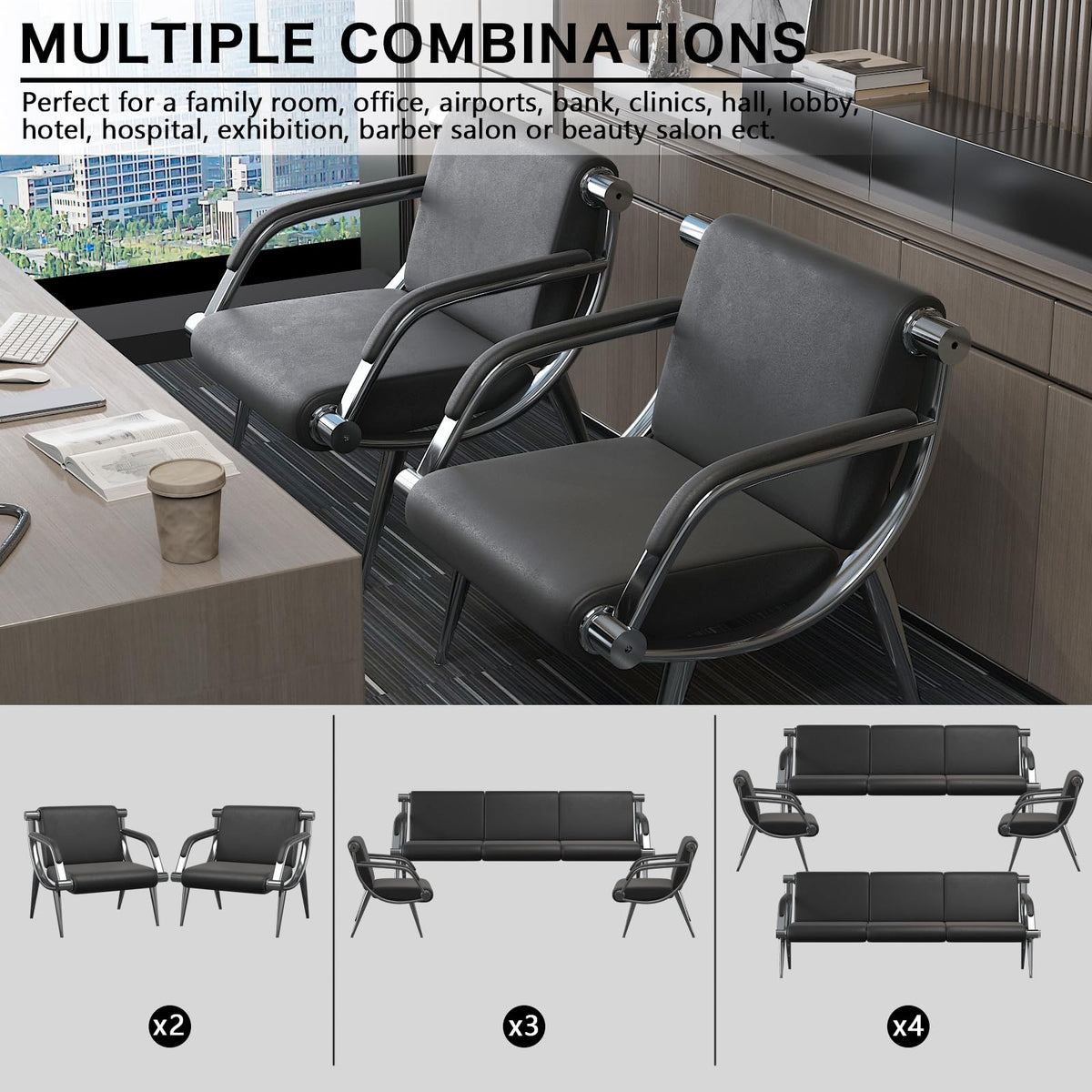 wonline 3 Seat Waiting Room Chair with Armrest PU Leather Office Furniture, Office Guest Seating Lobby Conference Reception Chairs for Airport Clinic Hospital Bank Salon Barber(Black)