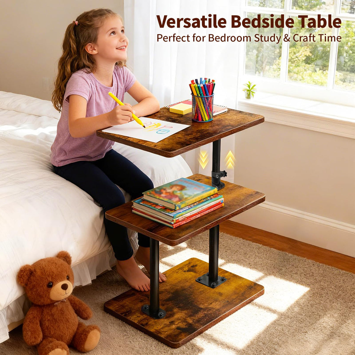 LAIDUOLEOE Swivel Side Table for Couch, 3 Tier Small End Table Adjustable Height with Rotatable Tray, Space Saving Nightstand with Storage Shelf for Living Room, Bedroom, Small Spaces