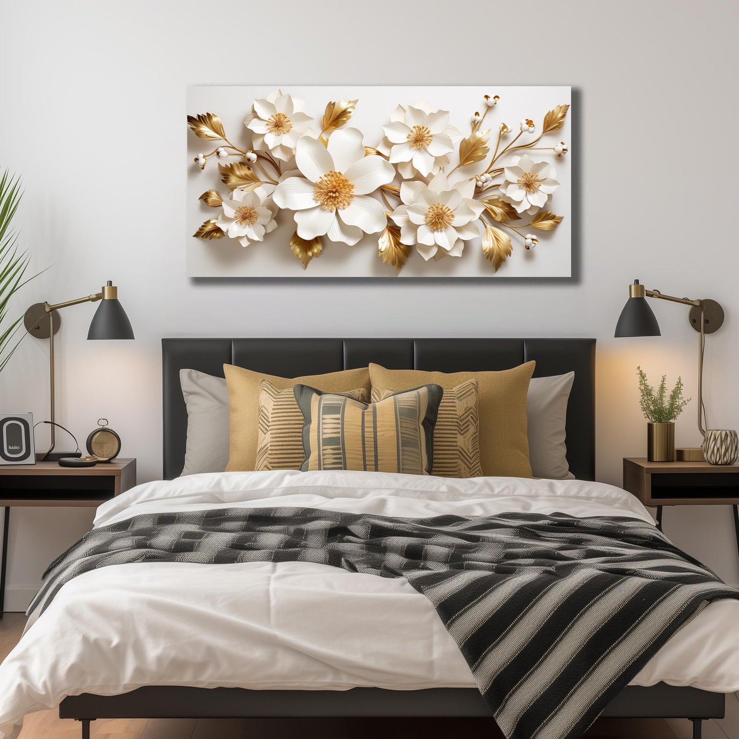 JuhaiArt Gold Wall Decor White 3D Floral Wall Art Elegant Flower Canvas Decor for Bedroom Living Room Office Picture Artwork 24" x 48"