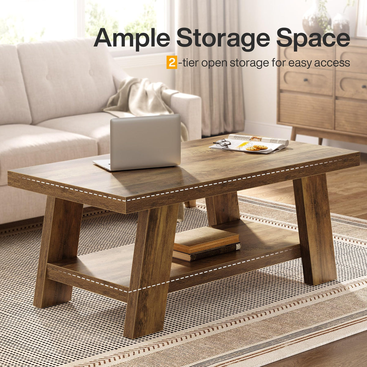 Tribesigns Farmhouse Coffee Tables for Living Room, 47.24" Rectangle Coffee Tables with Storage Shelves, Rustic Wooden Center Table for Apartment, Home Office (Rustic Brown)
