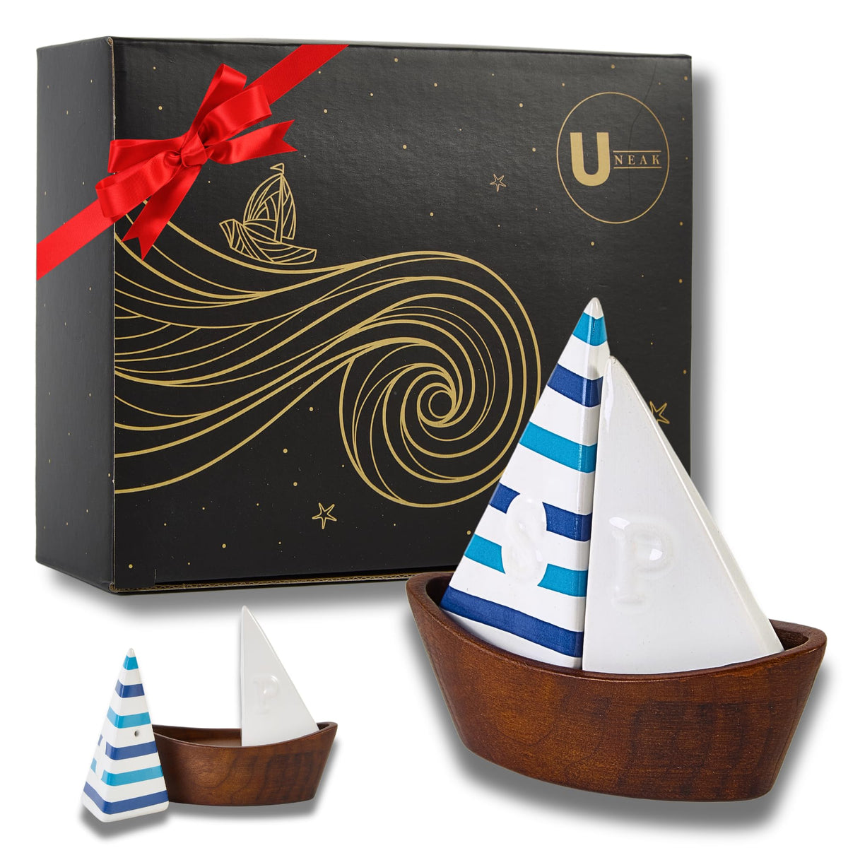UNEAK -Handcrafted Ceramic Cute Sailboat Salt And Pepper Shaker with Cherry Wood Base/Boat Elegant (2 Pcs Set) Gift Shakers Set Compact Cooking, Kitchen and Dining Room, Classic, Refillable