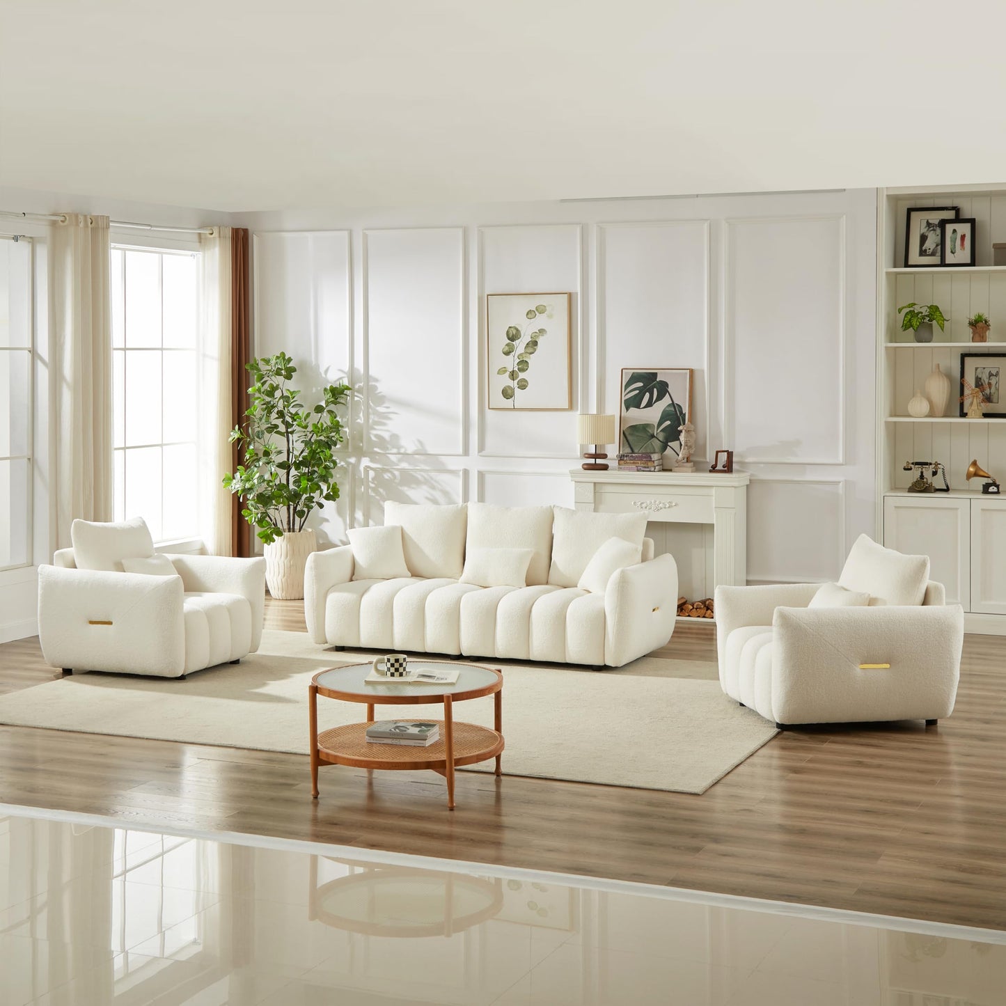 KEIKI 5 Seats Sofa Couch Set, 3 Piece Teddy Sofa Set with Throw Pillows, Wooden Frame, for Living Room, Apartment & Office, Beige