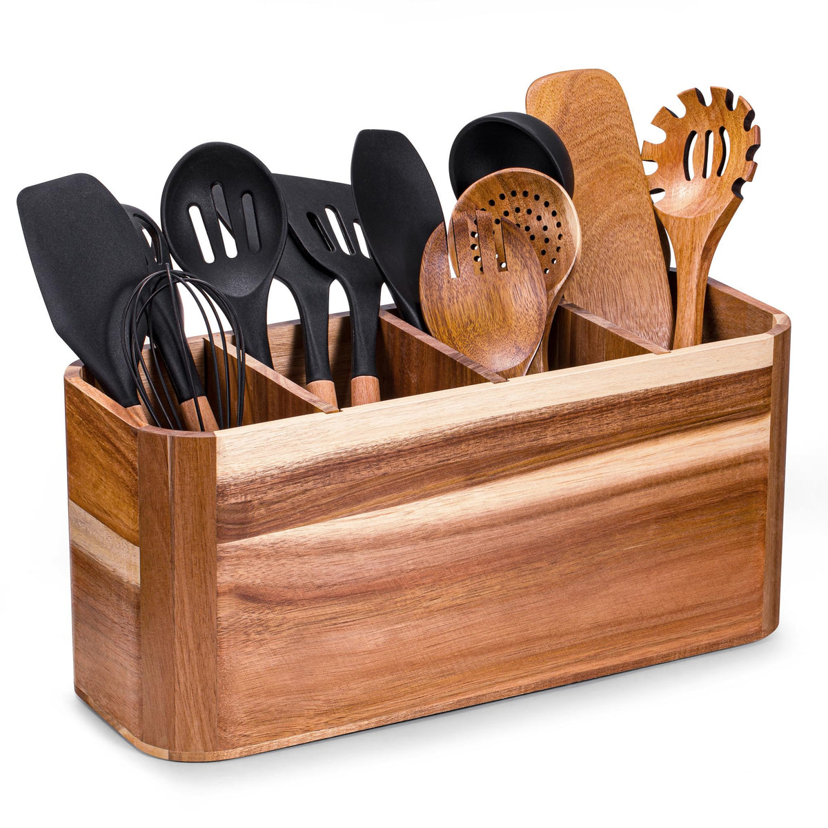 Utensil holder for Kitchen Counter - Large Kitchen Utensil Holder Organizer for Counter or Countertop, Large Wooden Utensil Holder with 4 Compartment（Acacia Wood）