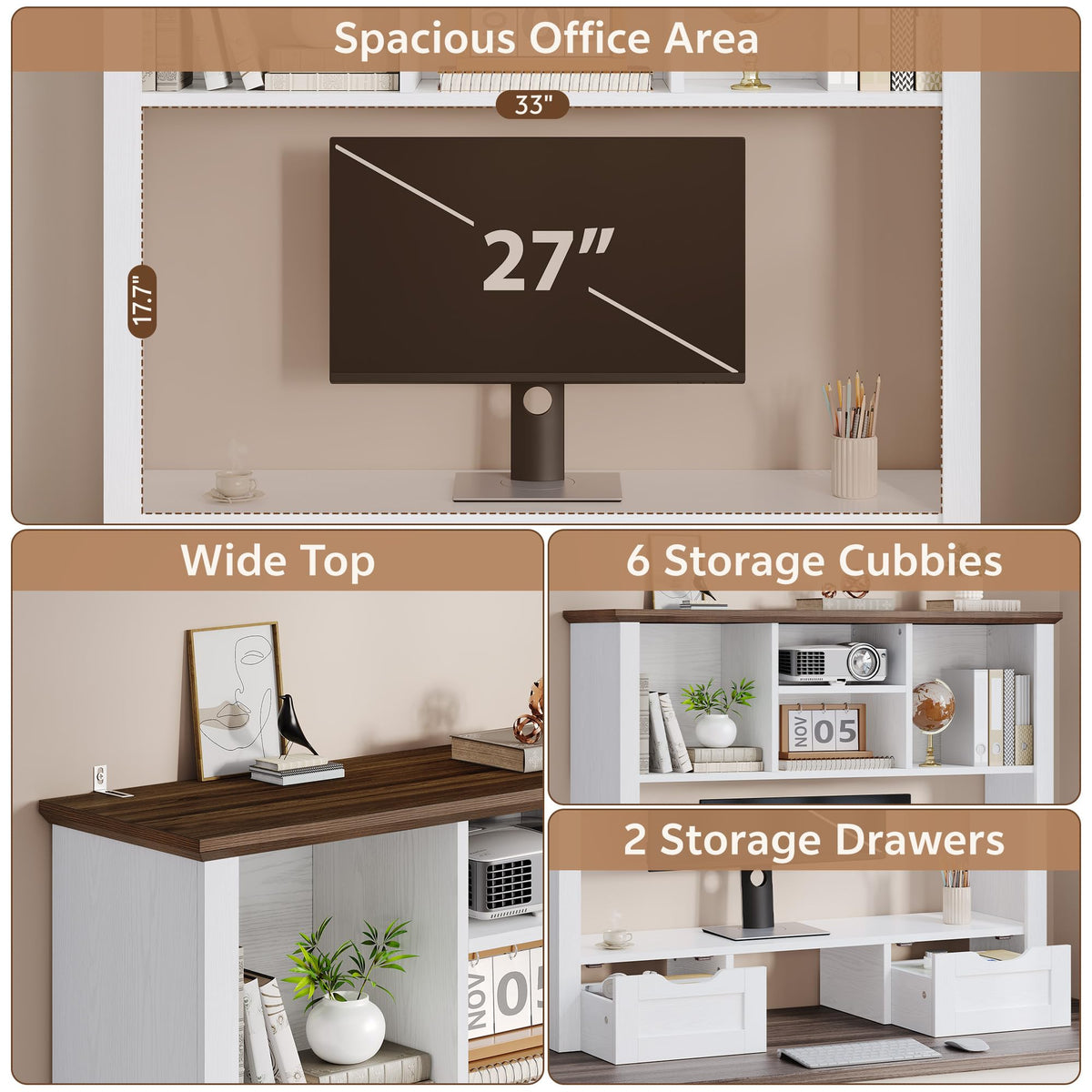 Homiflex Desk Shelf with Computer Monitor Stand, 37.4''W Desktop Bookshelf Display Rack, Desktop Organizer Storage Rack with Cubbies & Drawers, 5-Tier Hutch for Home, Office, Dorm, Vanity, White&Brown