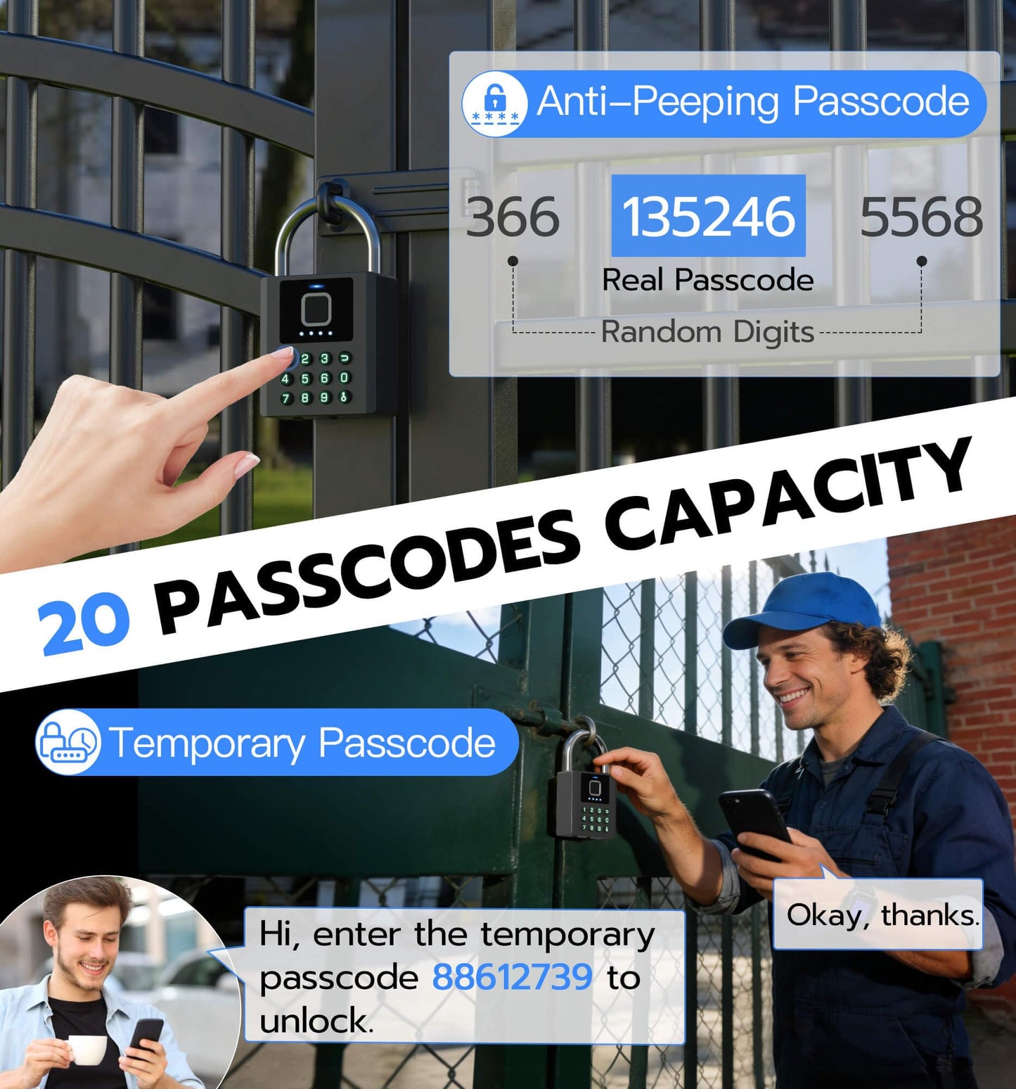 Anweller Heavy Duty Fingerprint Padlock with Key, Pad Lock with Code Keypad, Weatherproof Smart Bluetooth Electronic Digital Combination Lock for Gate Outdoor Fence Storage Unit Locker Shed Pool