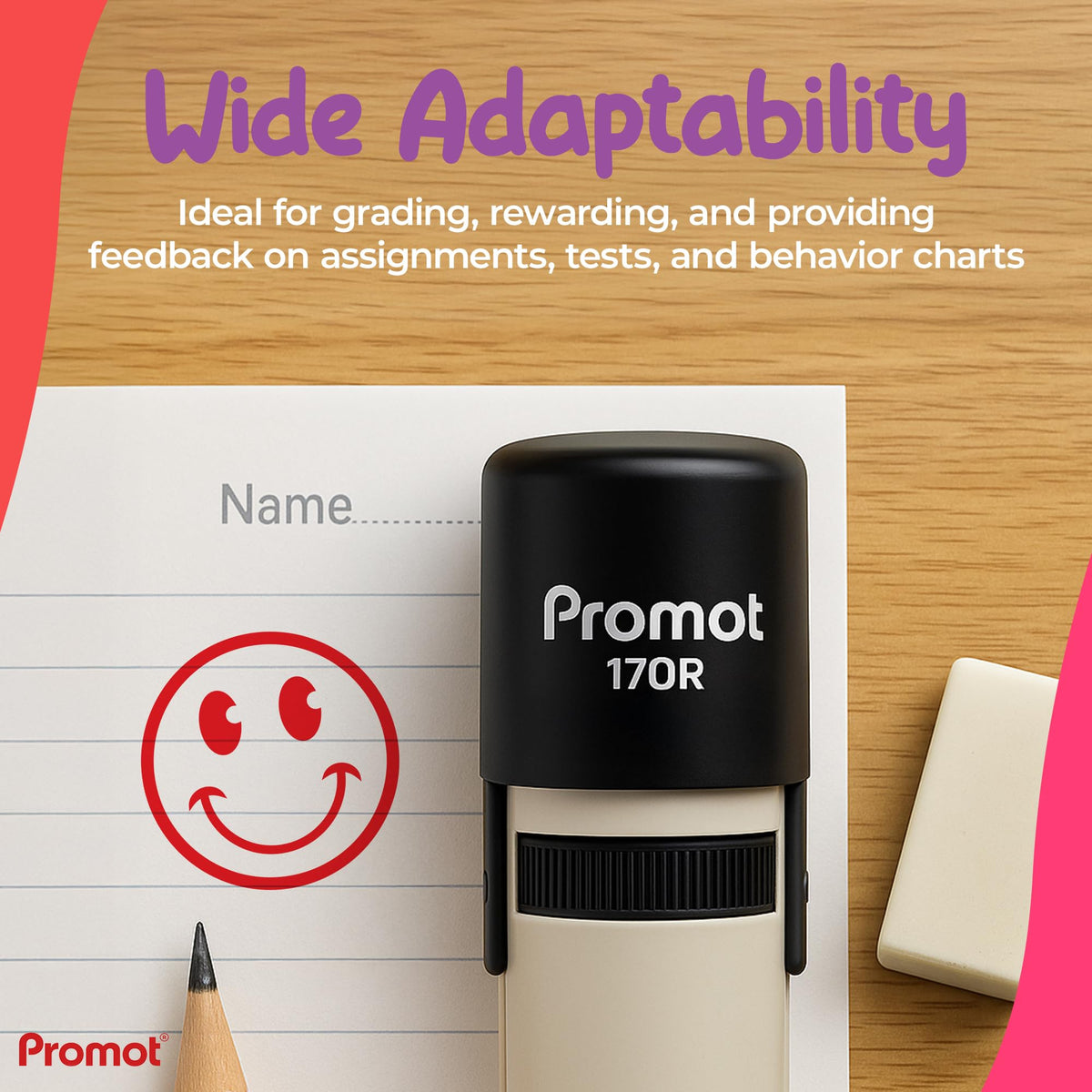 Promot - Self-Inking Stamps for Teachers, Round Rubber Stamp for Grading & Feedback, Quick-Dry Ink Stamps, Clear Imprint, Refillable Classroom Stamp & No-Mess Design (Smiley Red)