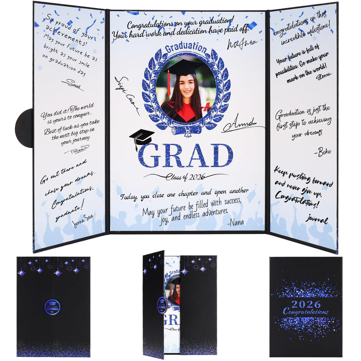 Forwe Graduation Guest Book 2026, Graduation Signature Board Sign in Book with Picture Frame for 4x6 Photo, Class of 2026 Graduation Party Decorations (Black&Blue)