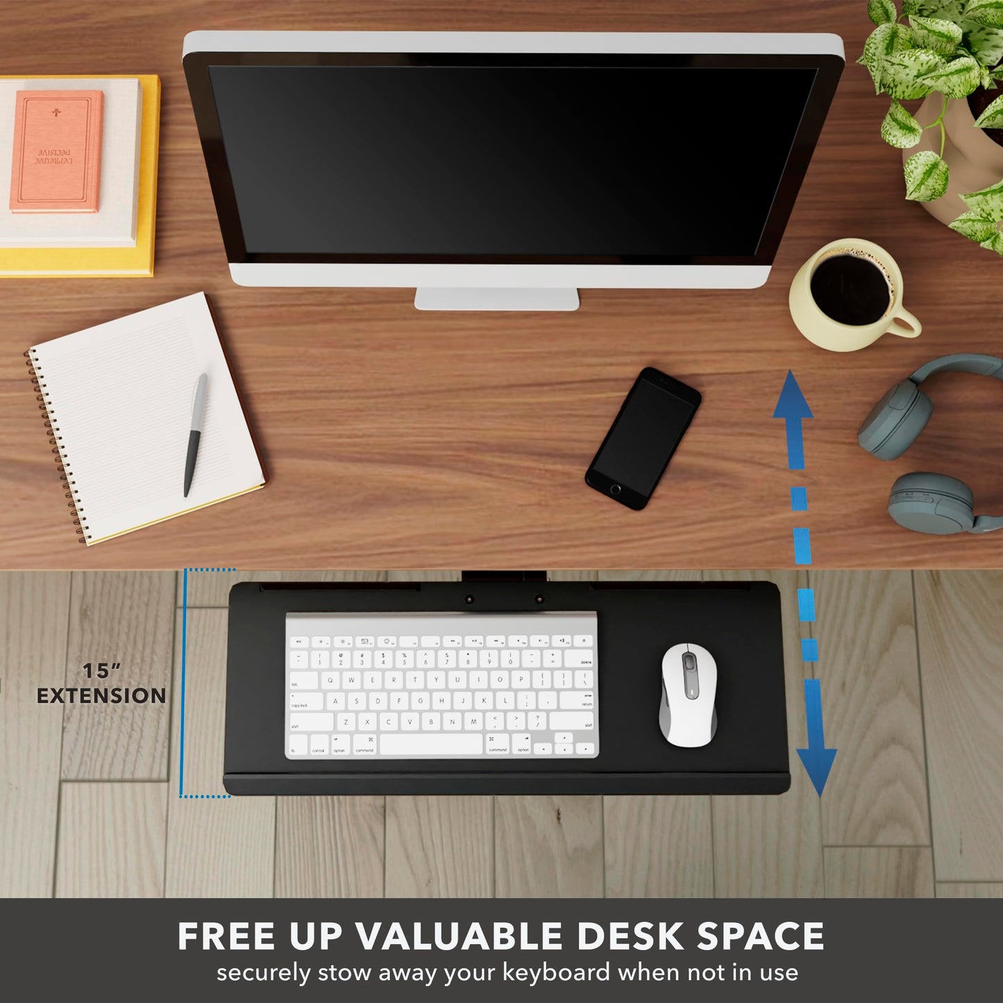 Mount-It! Under Desk Keyboard Tray, Adjustable Slide-Out Keyboard & Mouse Platform, 26.38" W × 10" D, Ergonomic Wrist Rest, Height Tilt & Swivel, Heavy-Duty Bolt-On Keyboard Drawer for Home Office