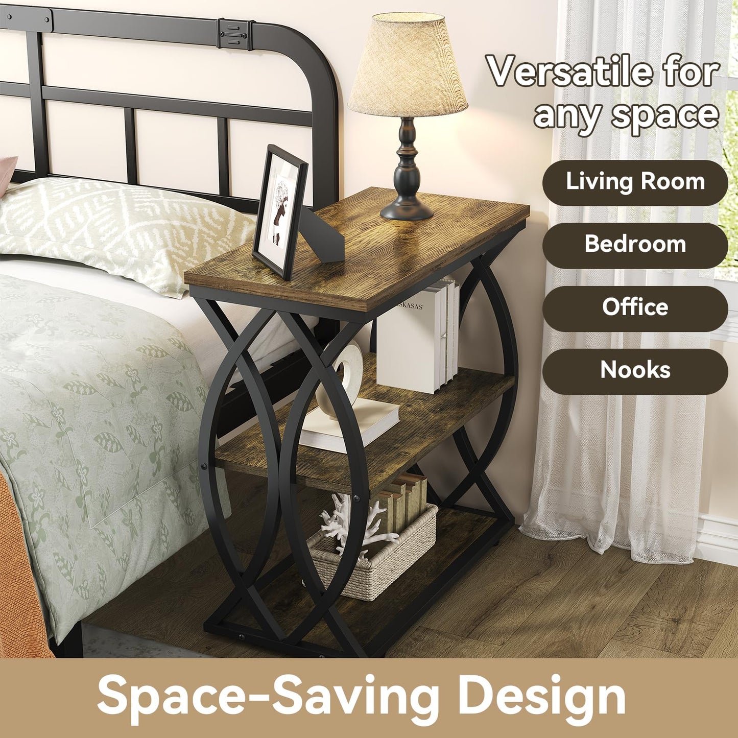 FJLHOHG End Table, Narrow Side Table, 3-Tier End Table with Metal Frame, Living Room Side Table with Storage for Couch, Sofa, Bedroom, Small Spaces, Easy Assembly, 23.6"D*11.8"W*23.6"H, Rustic Brown