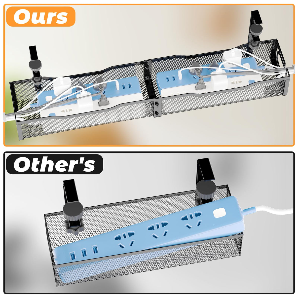 Under Desk Cable Management Tray, No Drill Steel Desk Cable Organizers, Wire Management Tray Cable Management Rack (24.4" Length-Black)