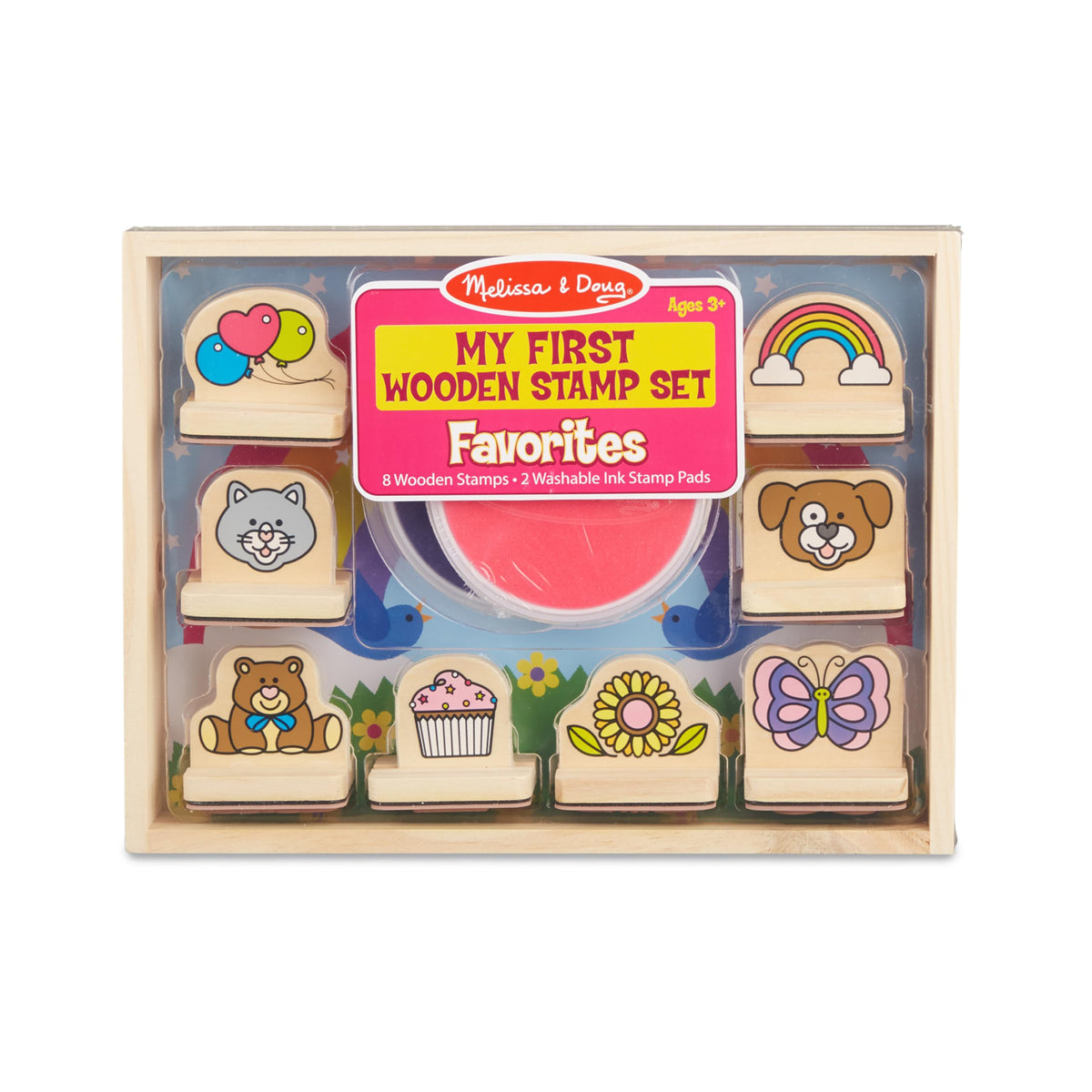 Melissa & Doug My First Wooden Stamp Set Favorites (8 Stamps with Handles, 2 Washable Ink Pads) Wooden Kids Stamps with Handles Set, for Kids Ages 3+