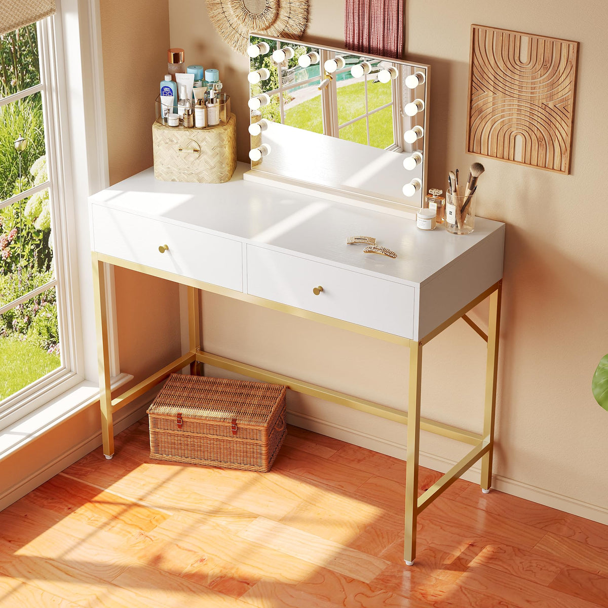 SUPERJARE 31.5" White and Gold Desk with 2 Drawers, Modern Vanity Desk, Small Makeup Table for Home Office Writing Study Bedroom