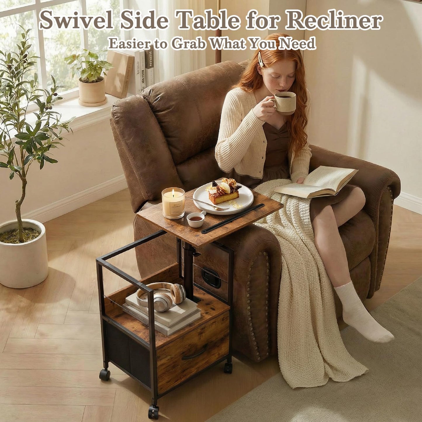Faesun Swivel Lift Top Nightstand, Rolling Side Table for Recliner, Bedside Table with Wheels & a Fabric Drawer, for Small Spaces, for Bedroom, Living Room, Brown