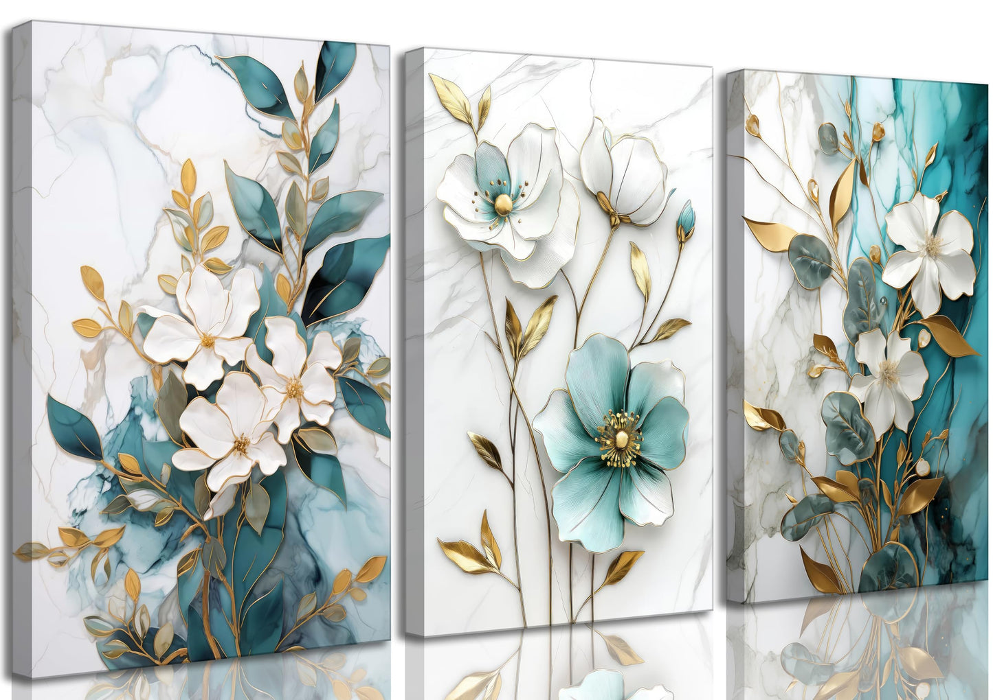 3Pcs White Gold Flower Canvas Wall Art Modern Luxury Blue White Gold Abstract Marble Floral Botanical Painting Picture Wall Decor Poster Print Artwork for Living Room Bedroom Home Decoration
