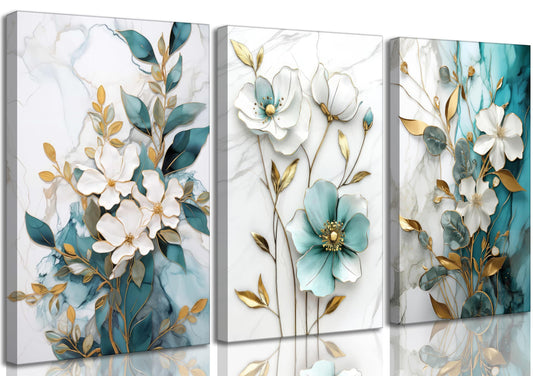 3Pcs White Gold Flower Canvas Wall Art Modern Luxury Blue White Gold Abstract Marble Floral Botanical Painting Picture Wall Decor Poster Print Artwork for Living Room Bedroom Home Decoration