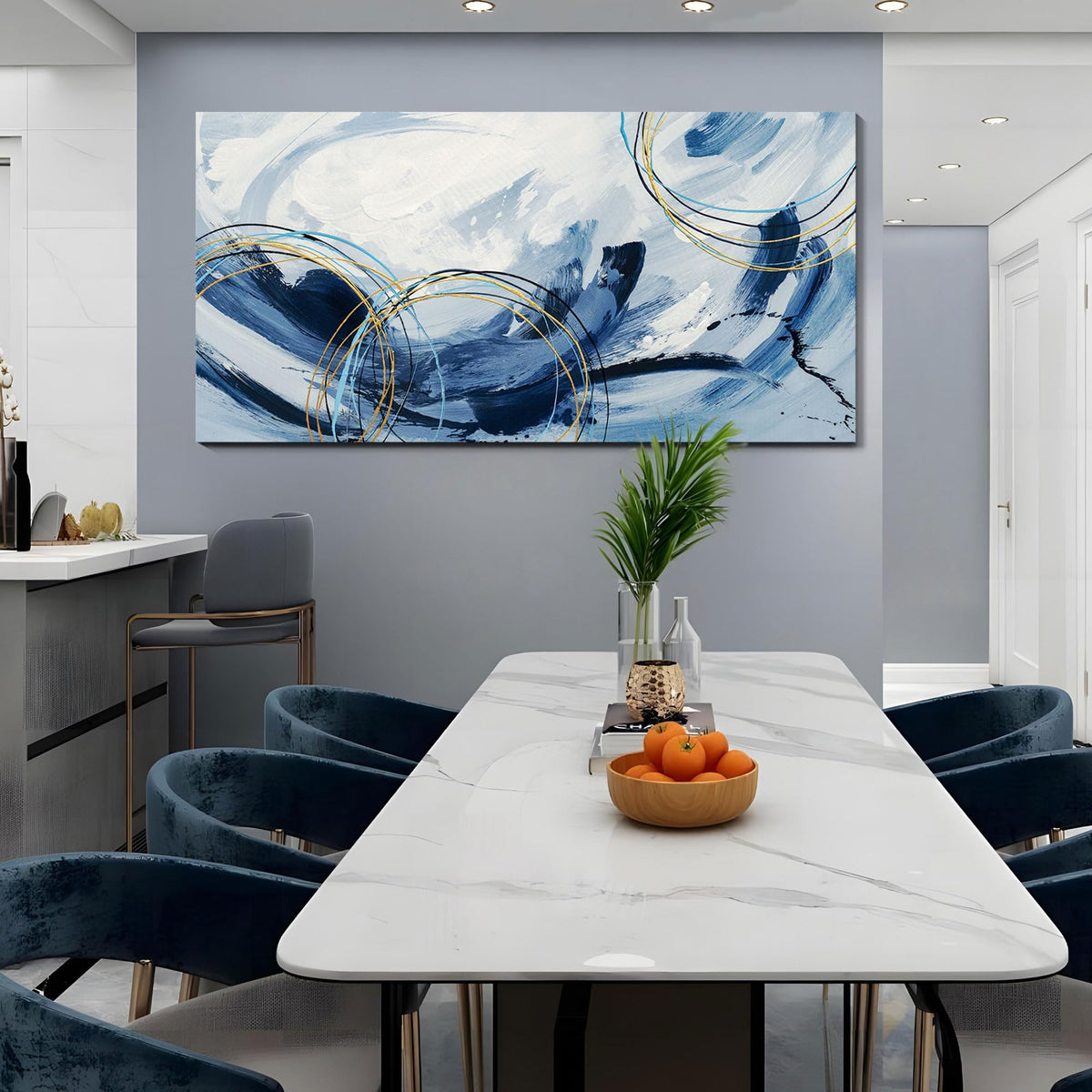 yiijeah Large Canvas Wall Art for Living Room - Blue and White Abstract Picture Framed Artwork for Walls Bohemian Minimalism Prints Paintsings Wall Decor for Office Bedroom 48x24 Inches