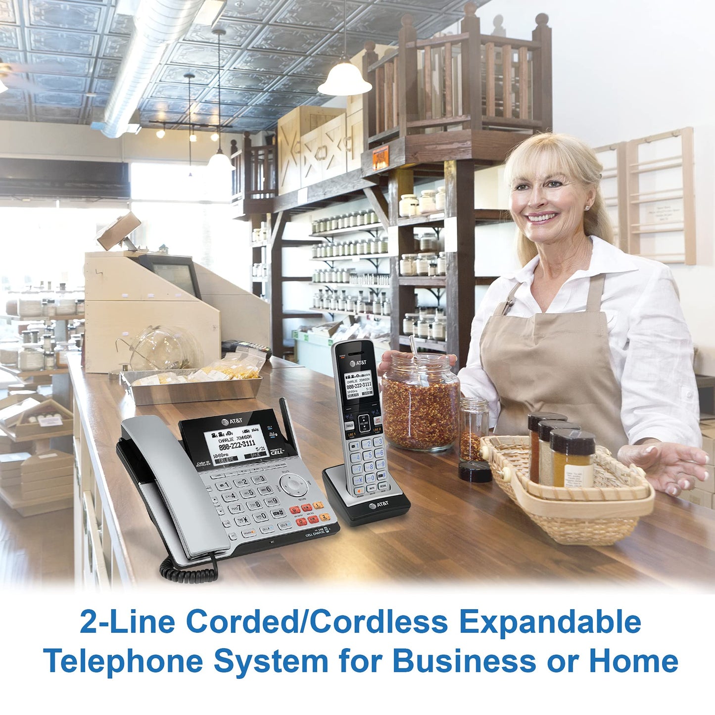 AT&T TL86103 2-Line Corded/Cordless Phone System for Small Business with Answering Machine, Connect-to-Cell Bluetooth, Caller ID, Intercom, Long Range & Expandable to 12 Handsets (Silver/Black)