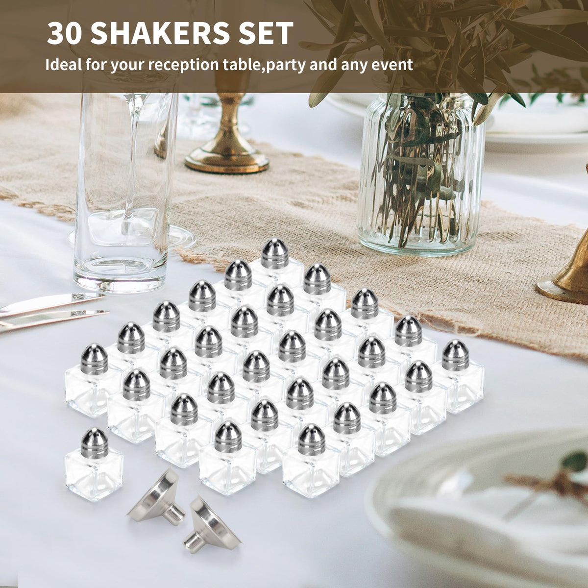 Axigundaone 30 Pcs Mini Salt and Pepper Shakers, 0.5 Oz Small Glass Cube Pepper Shaker with two funnels, Mini Glass Salt Shaker for Household Kitchen