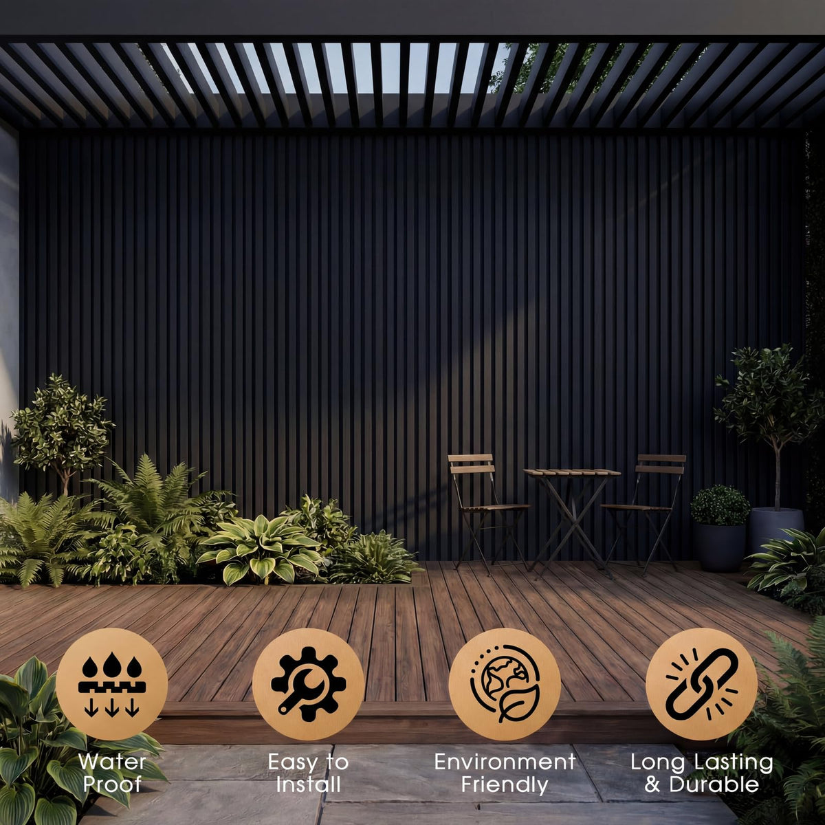 LARWORKS WPC Acoustic Slat Wall Panels 8-Pack 96'' x 6'', Accent 3D Wall Panel for Interior Wall Decor, Waterproof Fluted Textured Panel Wall Slats,Solid Black (Cover Approx.32 sq.ft)