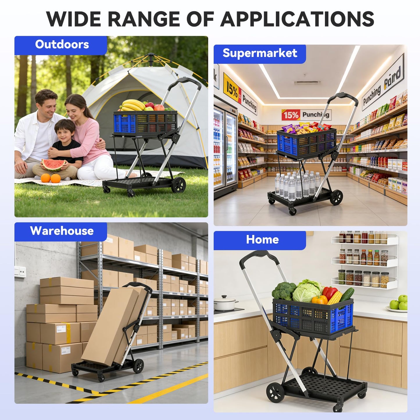 Collapsible Shopping Cart with Wheels,2 Tier Multi Use Foldable Shopping Cart with 2 Storage Crates,Folding Shopping Trolley Utility Cart for Office,Groceries, Warehouse,Supermarket,Picnic (Blue)