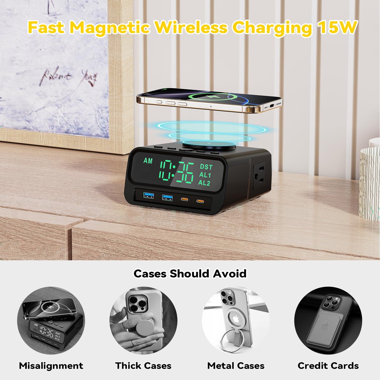 Kungfuking Digital Alarm Clock with Magsafe Wireless Charging 15W for Bedroom, Nightstand Dorm Room Hotel Clock, 4 USB A&C 55W Fast Charging, 2 AC Outlets, Dual Alarm Clock, Snooze, Dimmable, DST