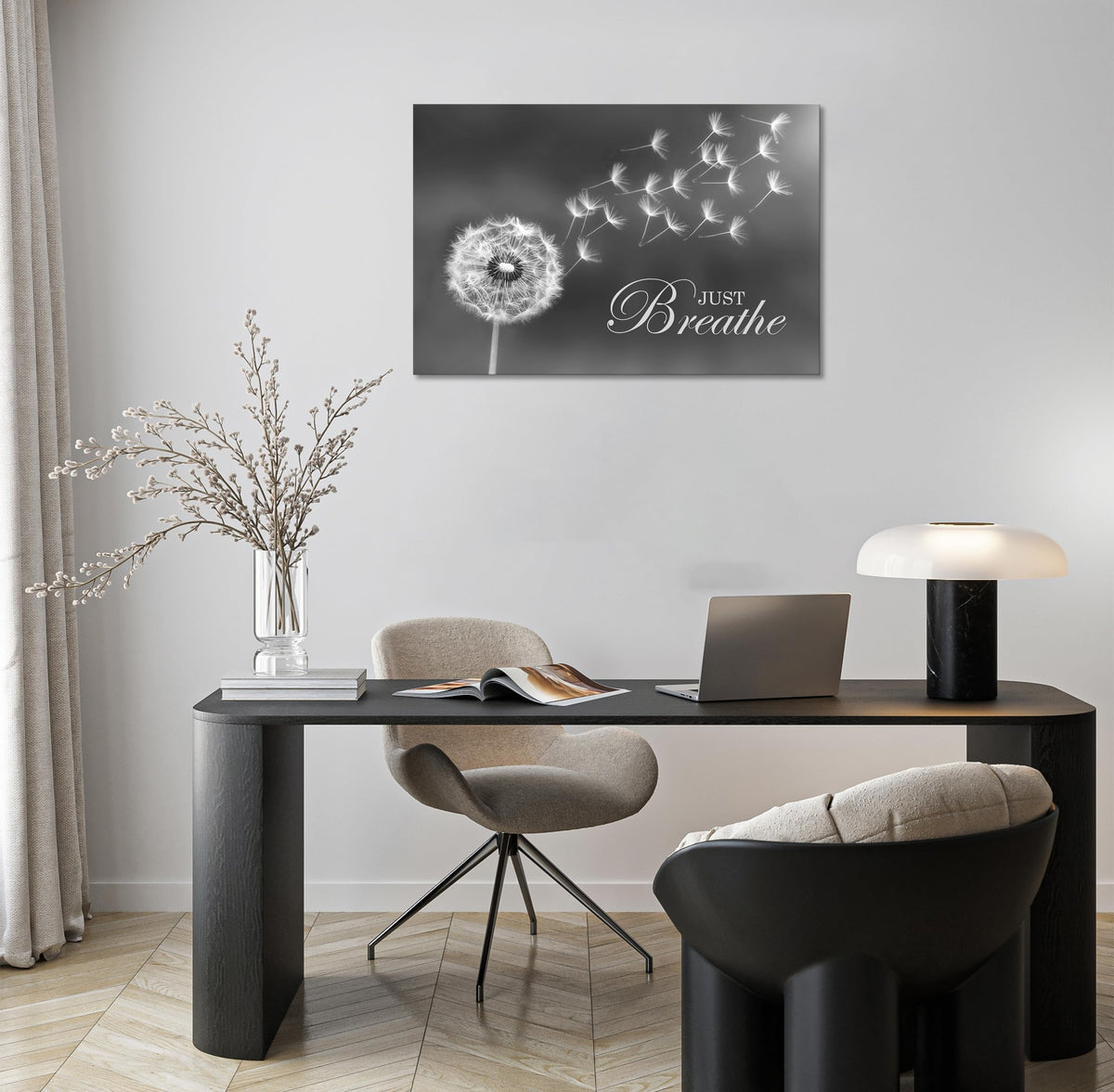 SKASNFAI Black and White Dandelion Zen Wall Art Canvas Just Breathe Motivation Positive Picture Art Print for Spa Yoga Meditation Wall Decor Ready to Hang (12L x 16W)