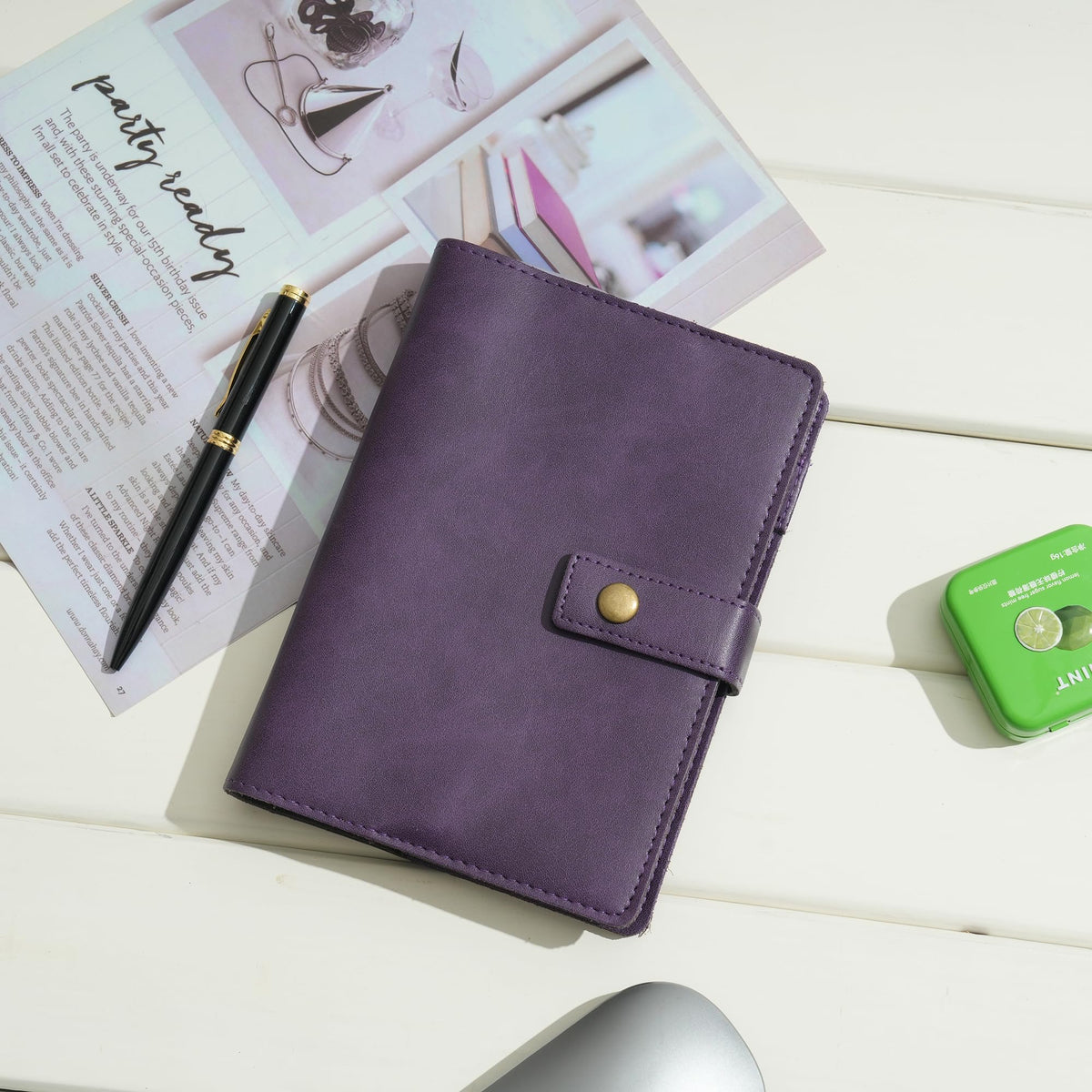 WONDERPOOL Leather Journal Dotted Paper Refillable Writing Binder Notebook - Leather Spiral Diary with Inner Organizer Pockets for Man and Woman (Purple, A6)