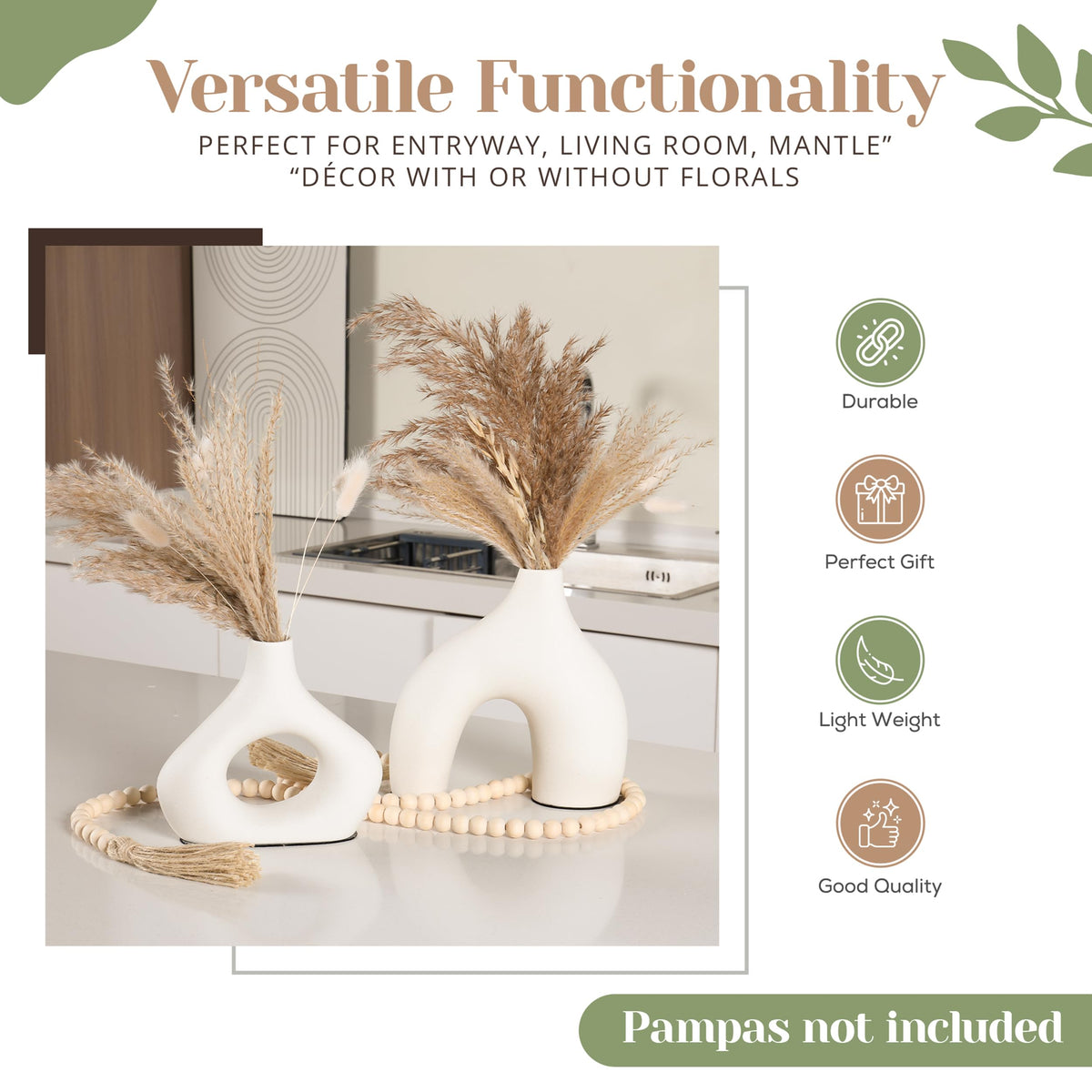 LUSHAURA Donut Vase Set | 2 Modern Boho Vases - 58" Wooden Garland & Felt Pads | Scandinavian Home Decor - White Vases for Flowers - Entry Table Decor - Boho Shelf Decor - Organic Modern Home Decor