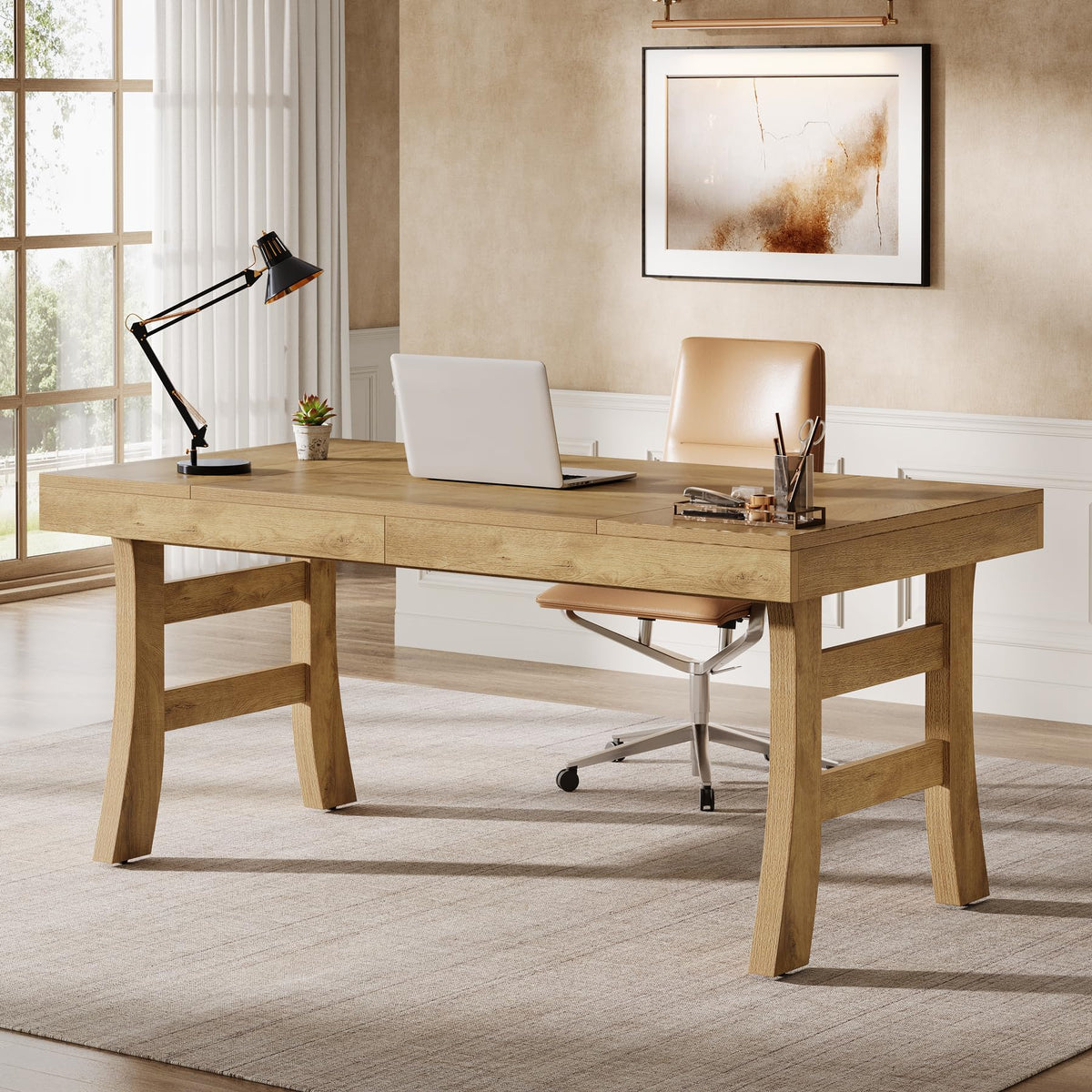 Tribesigns 63-Inch Executive Desk, Large Office Computer Desk with Sturdy Legs, Farmhouse Simple Workstation Writing Study Table for Home Office, Light Brown
