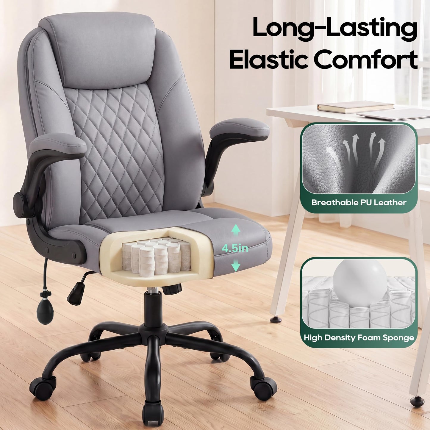 MALOL Leather Office Chair, Computer Desk Chair with Adjustable Lumbar Support, Thick Cushion, Flip-Up Arms and Ergonomic Back, Comfy Executive Office Chair for Home Office Gaming,Grey