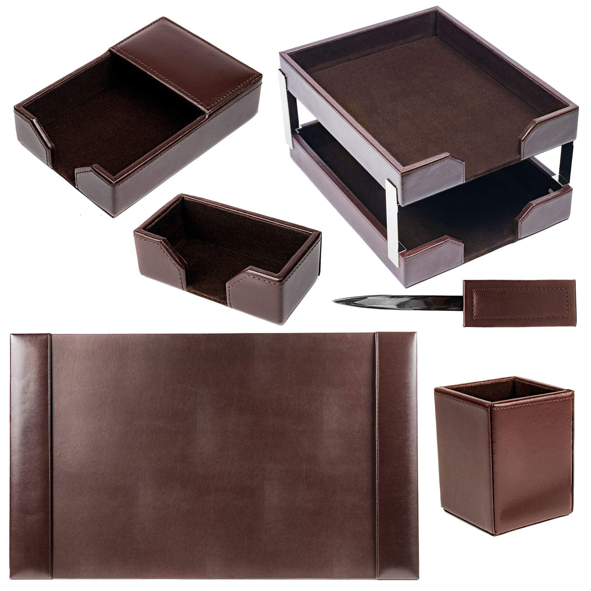 DACASSO Bonded Leather Desk Set - Luxury Leather Desk Pad & Desk Organization Essentials - Office Organization & Executive Desk Decor - (Dark Brown, 8 Piece)