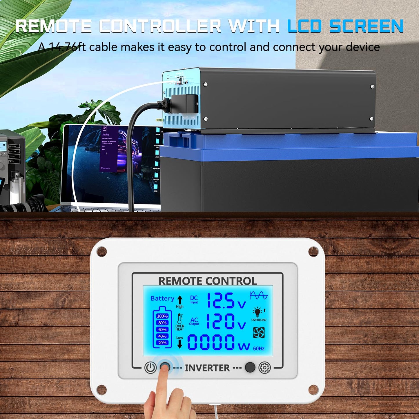 2500W Pure Sine Wave Power Inverter with Transfer Switch, 12V DC to 120V AC Converter, Auto Switch to Shore Power, 5000W Peak, Remote LCD Controller, USB & Type-C for RV, Truck, Off-Grid Use
