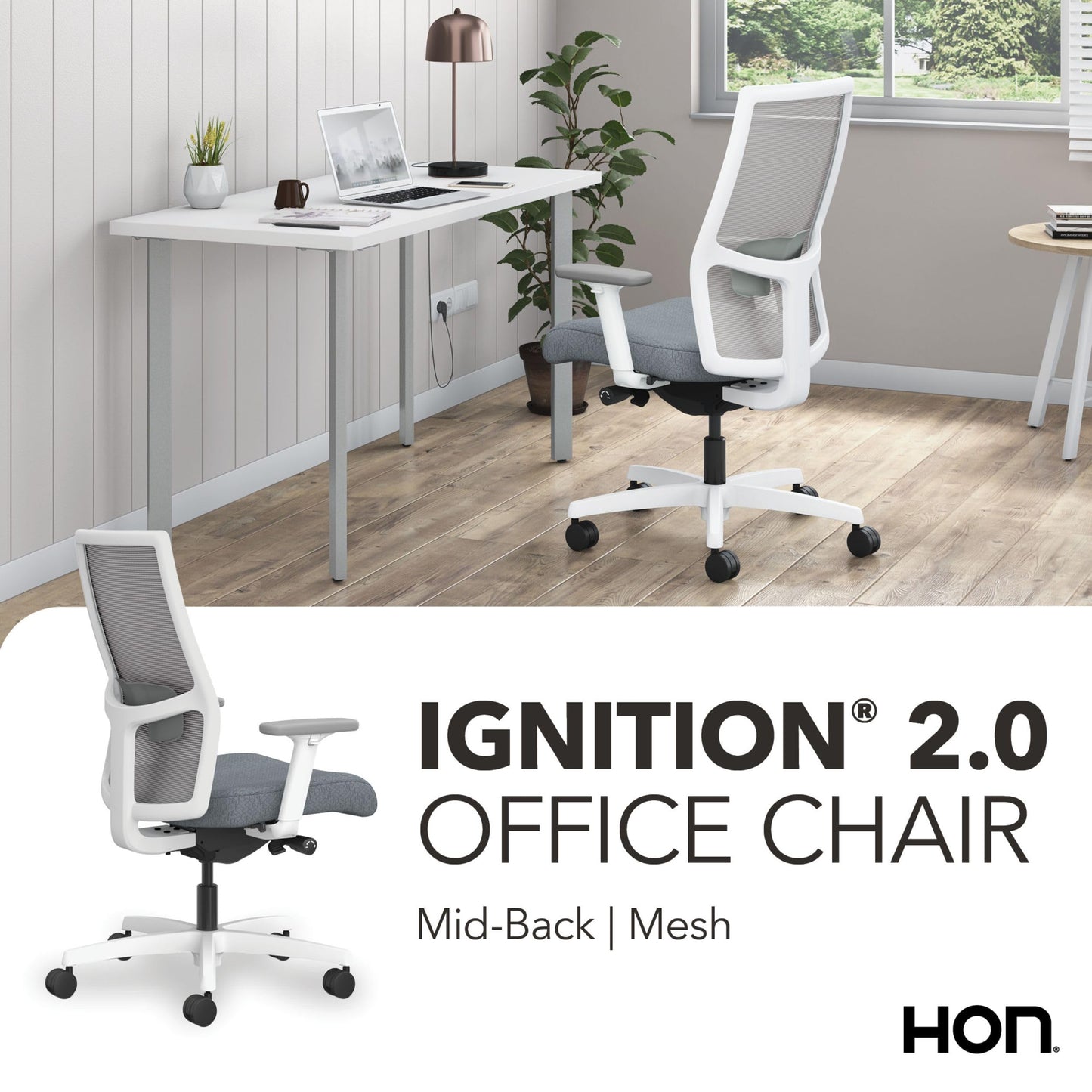 HON Ignition 2.0 Ergonomic Mesh Office Chair, Mid-Back, Synchro-Tilt, Home Office Desk Chairs, Basalt Seat Fabric, Fog Mesh, White Frame, Titanium Grey Adjustable Lumbar