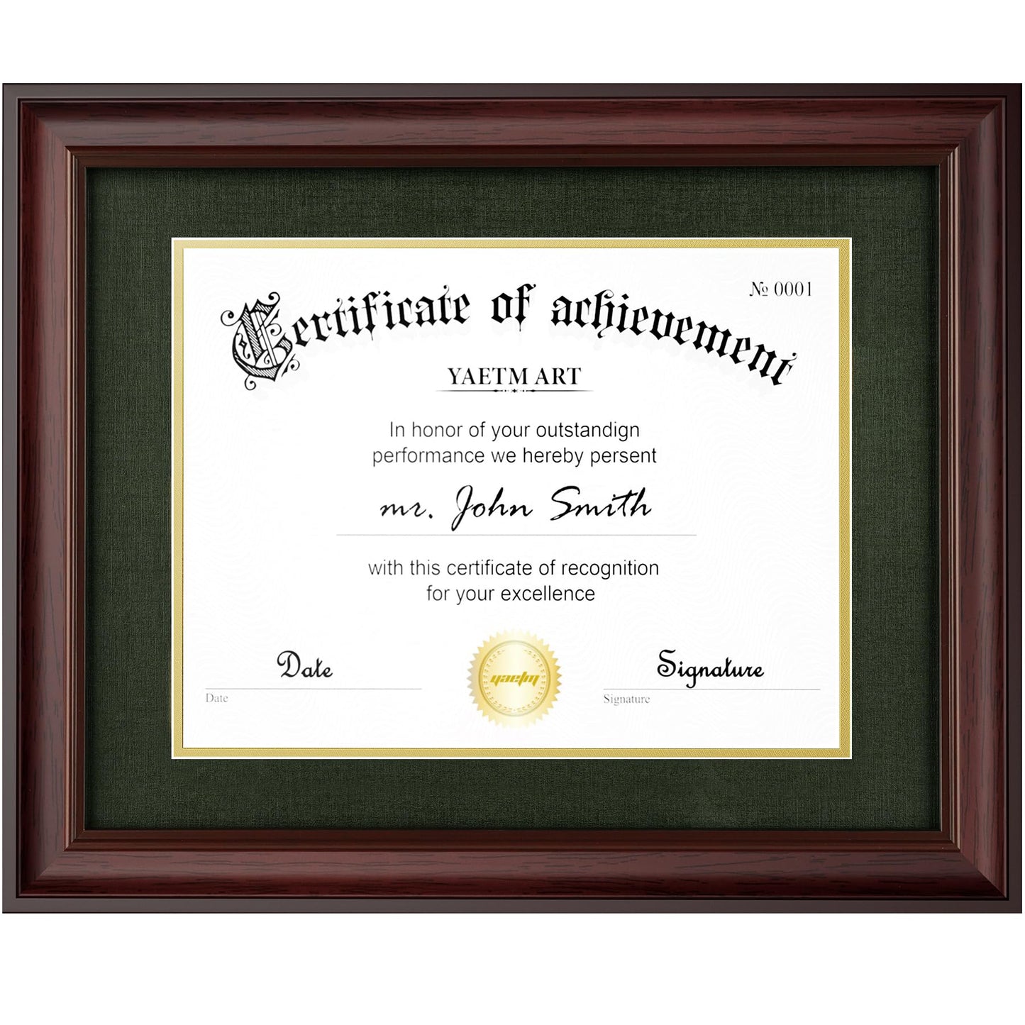 Yaetm 11x14 Diploma Frame, Certificate Frame with Tempered Glass, Display 8.5x11 Document with Dark Green Over Gold Acid-free Mat or 11 x 14 without Mat, Wide Molding (Single, Mahogany/Green)