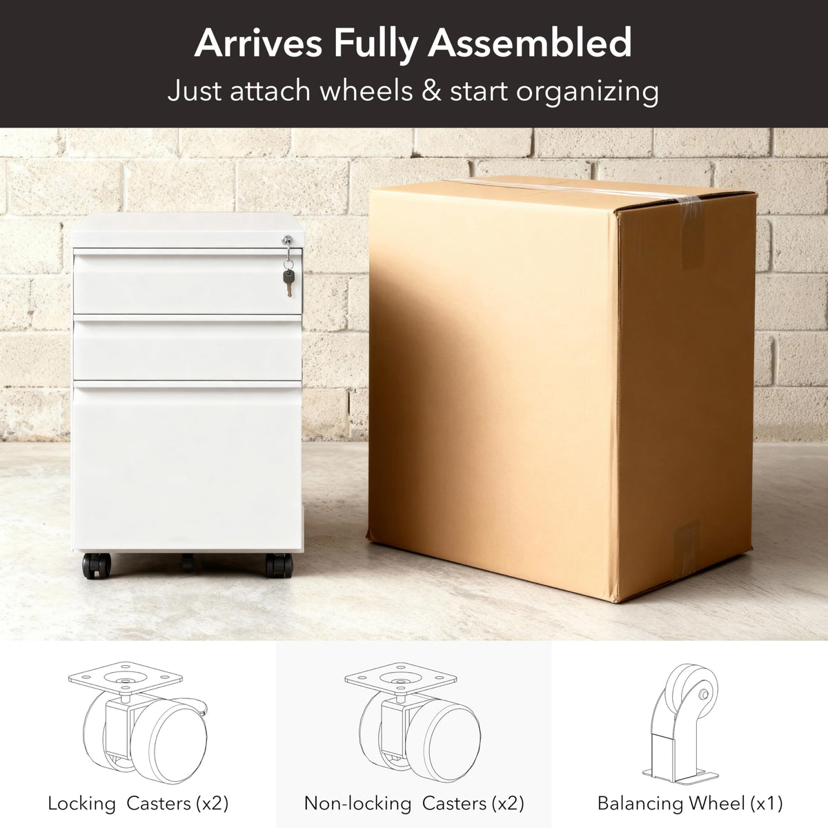 Mount-It! 3 Drawer File Cabinet with Lock and Wheels, Under Desk Storage Filing Pedestal for Home Office, No Assembly Small Rolling File Cabinet for Legal, Letter, and A4 Files in White