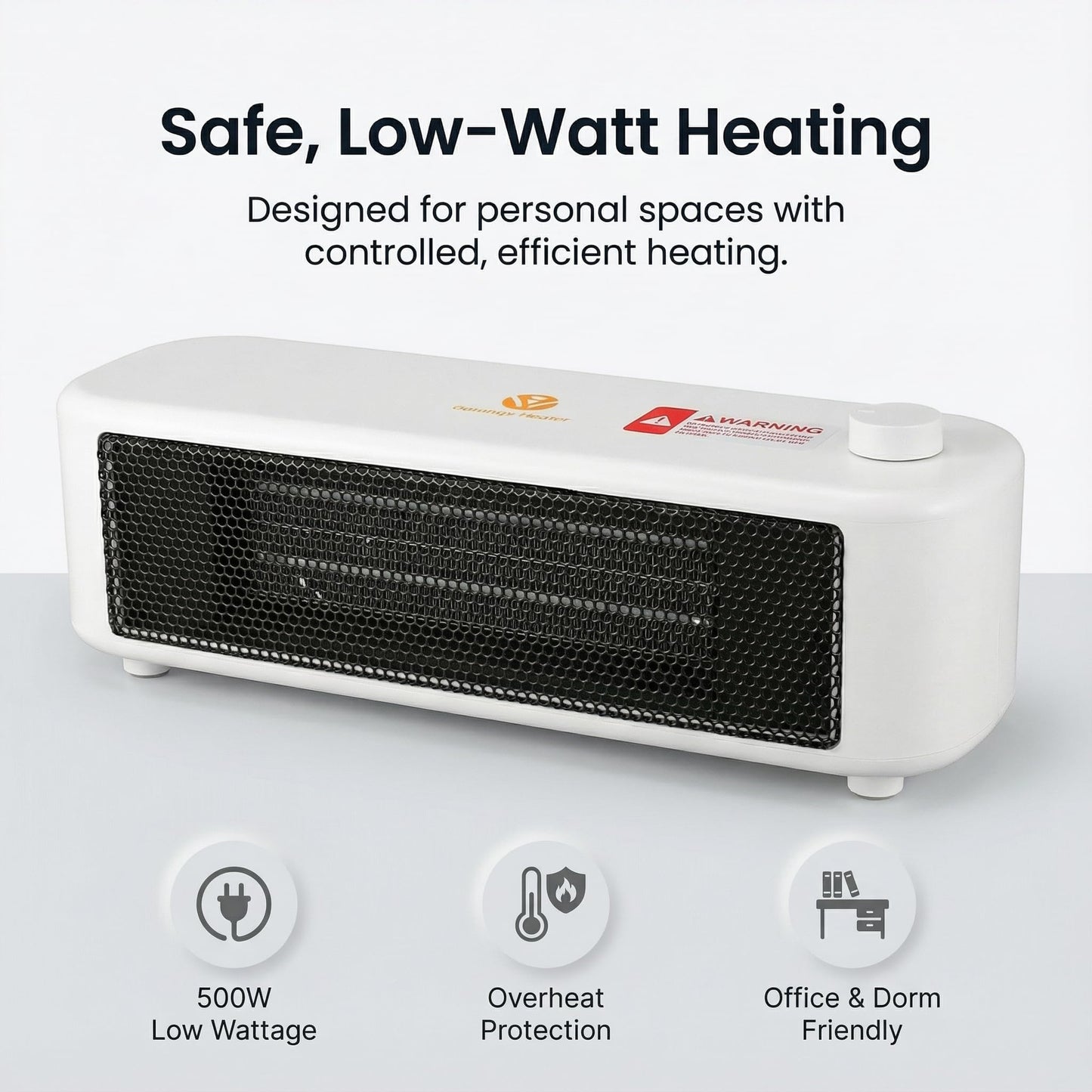 500W Graphene Far-Infrared Mini Desktop Heater, Low-Noise Personal Space Heater with Overheat Protection, Compact Under-Desk & Office Heater, 2 Heat Settings, Safe-Touch Housing