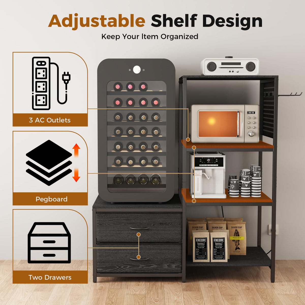 PyroLog Mini Fridge Stand with Adjustable Shelf, Power Outlet & Storage, Kitchen Organizer for Microwave, Coffee Bar, Dorm, Office (Black)