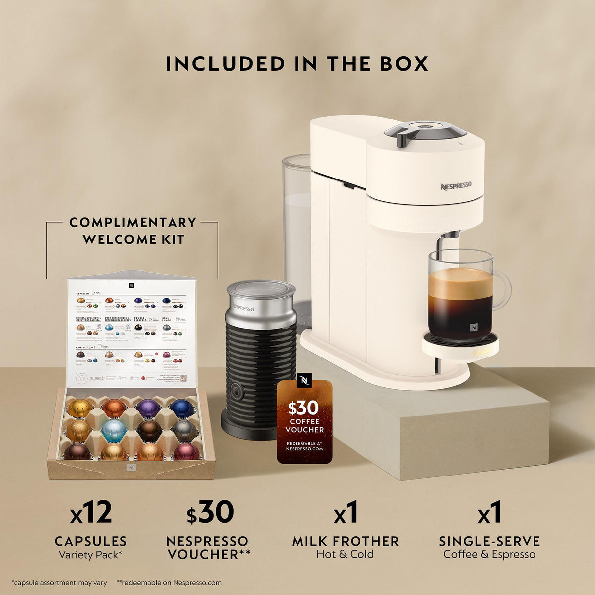 Nespresso Vertuo Next Premium Coffee and Espresso Maker by Breville with Aeroccino Milk Frother, Creamy White Dark Chrome