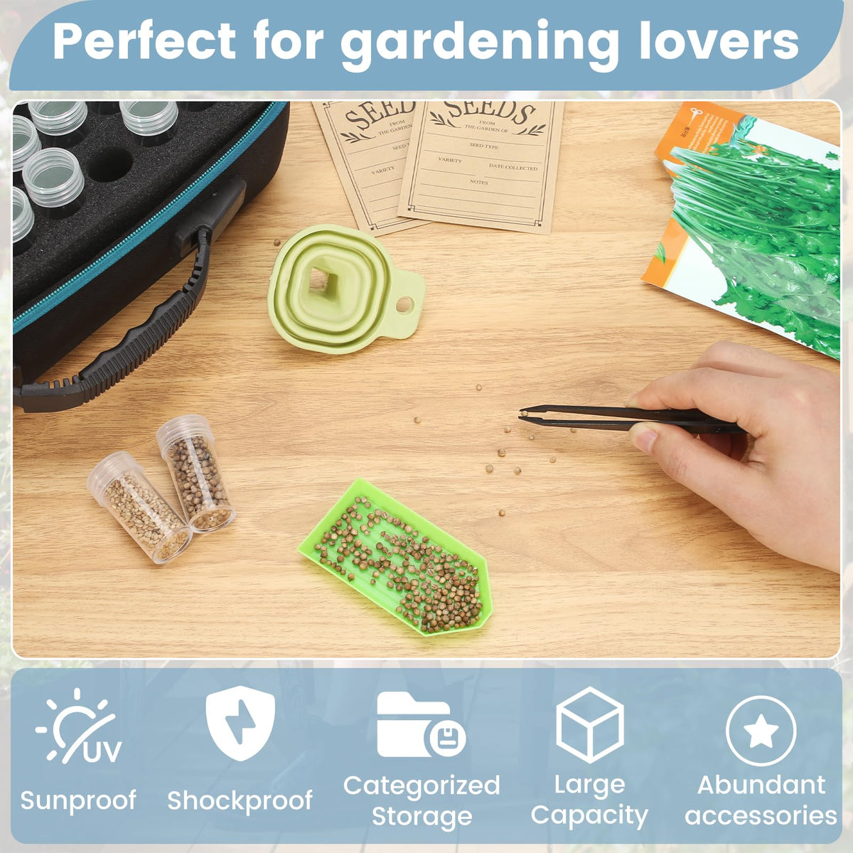 120 Slots Seed Storage Box with 25 Envelopes and Tools, Large Sturdy Storage Organizer for Garden Plant Seeds, Seed Bank with Zipper, Label, Funnel, Tweezers, Tray (Seeds Not Included)