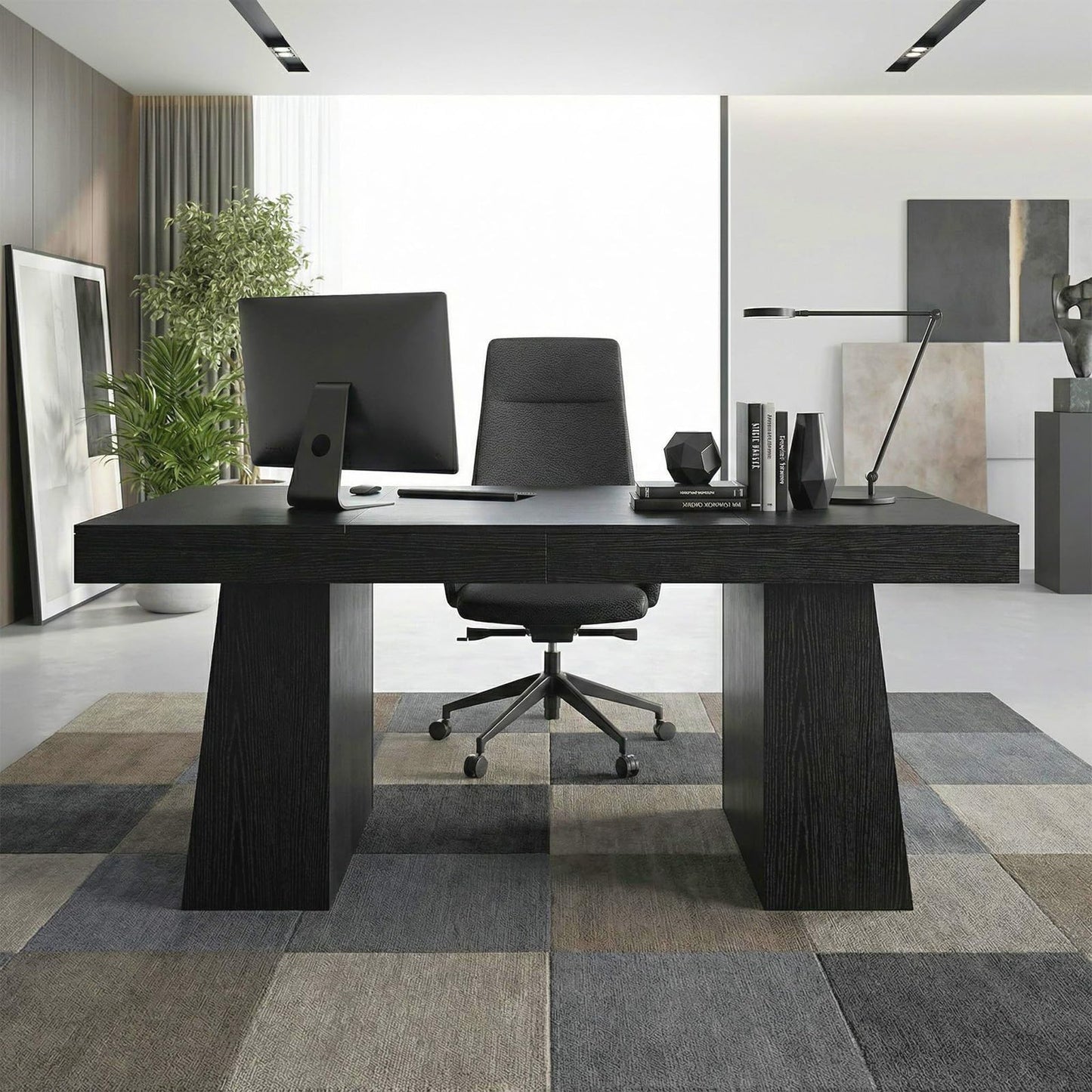 Garvee 55" Executive Desk, Mid-Century Modern Home Office Desks with Double Trapezoid Base, Wood Computer Desk Business Furniture Workstation Writing Table Conference Table, Black