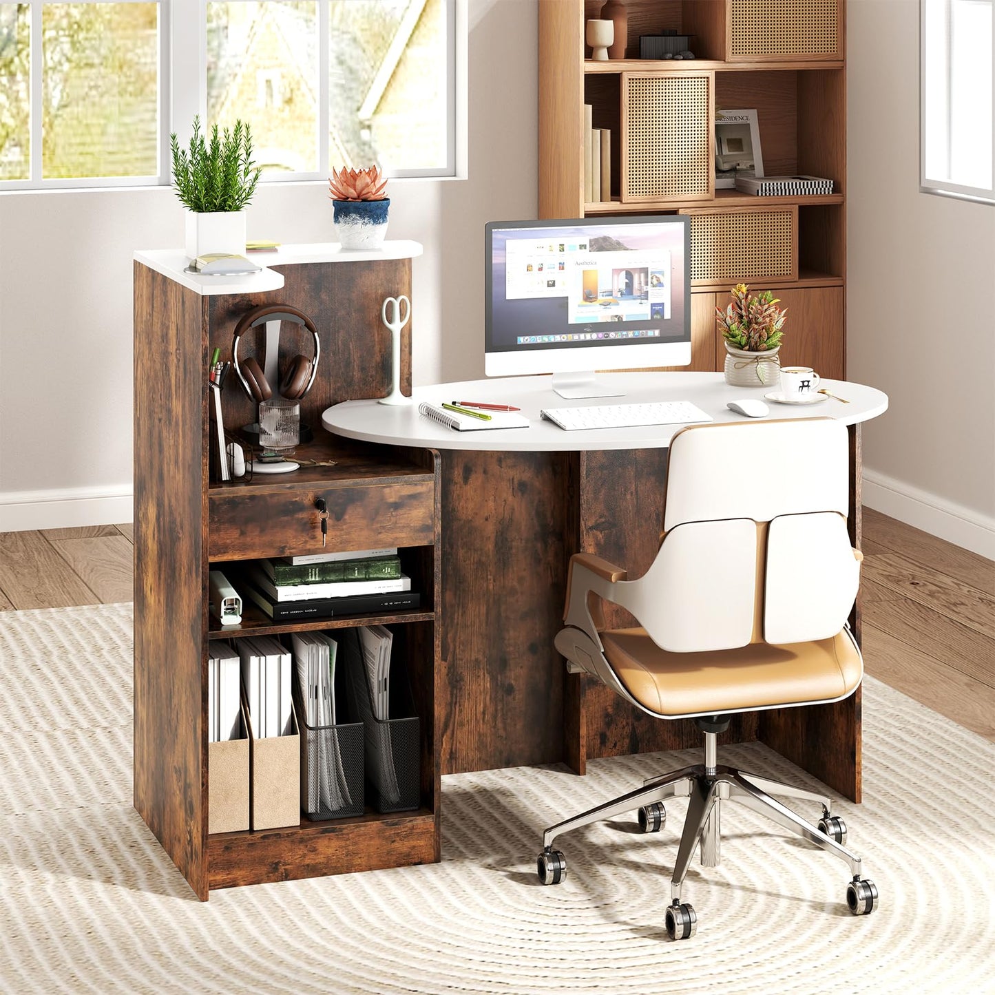 Giantex Reception Desk, Front Counter Desk with Lockable Drawer, Oval Tabletop & Adjustable Shelf, Retail Register Stand, Checkout Table for Office Beauty Salon Reception Room (White & Rustic Brown)