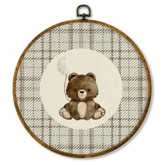 Hiuwevt Vintage Bear Round Wall Art Decor, Neutral Balloon Bear Framed Canvas Prints, Retro Beige Plaid Forest Animal Round Wall Hanging Decor for Nursery Kids Room Bedroom Decorations, 10x10 Inches