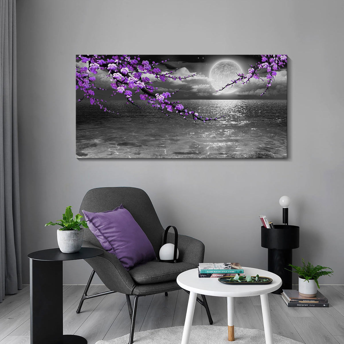 Large Purple Wall Art Decor for Living Room Bedroom Framed Black and White Seascape Full Moon Purple Flower Painting Canvas Picture Modern Hand-Painted Plum Blossom Artwork for Home Office